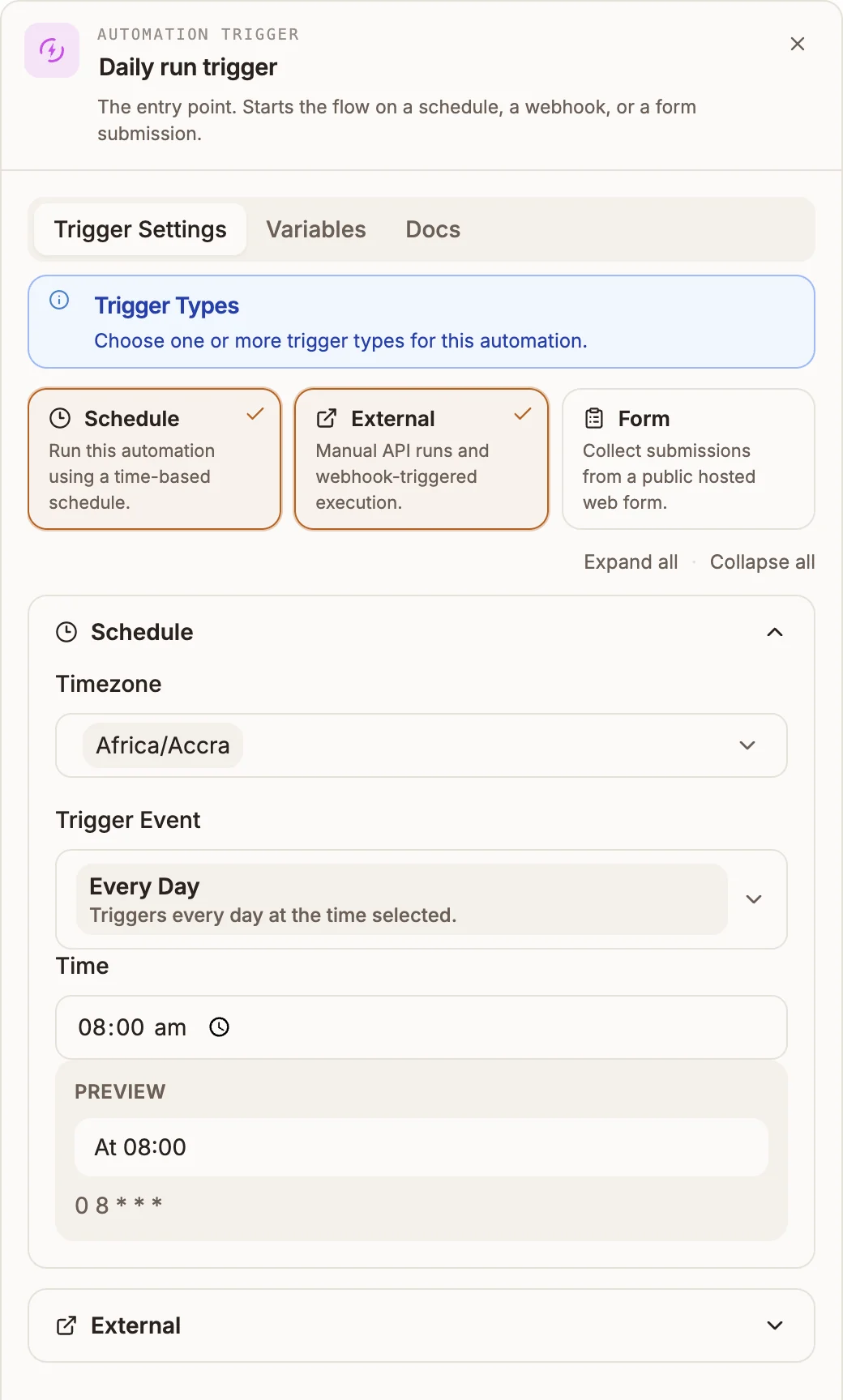 The automation trigger node's Trigger Settings tab with the Schedule, External and Form tiles