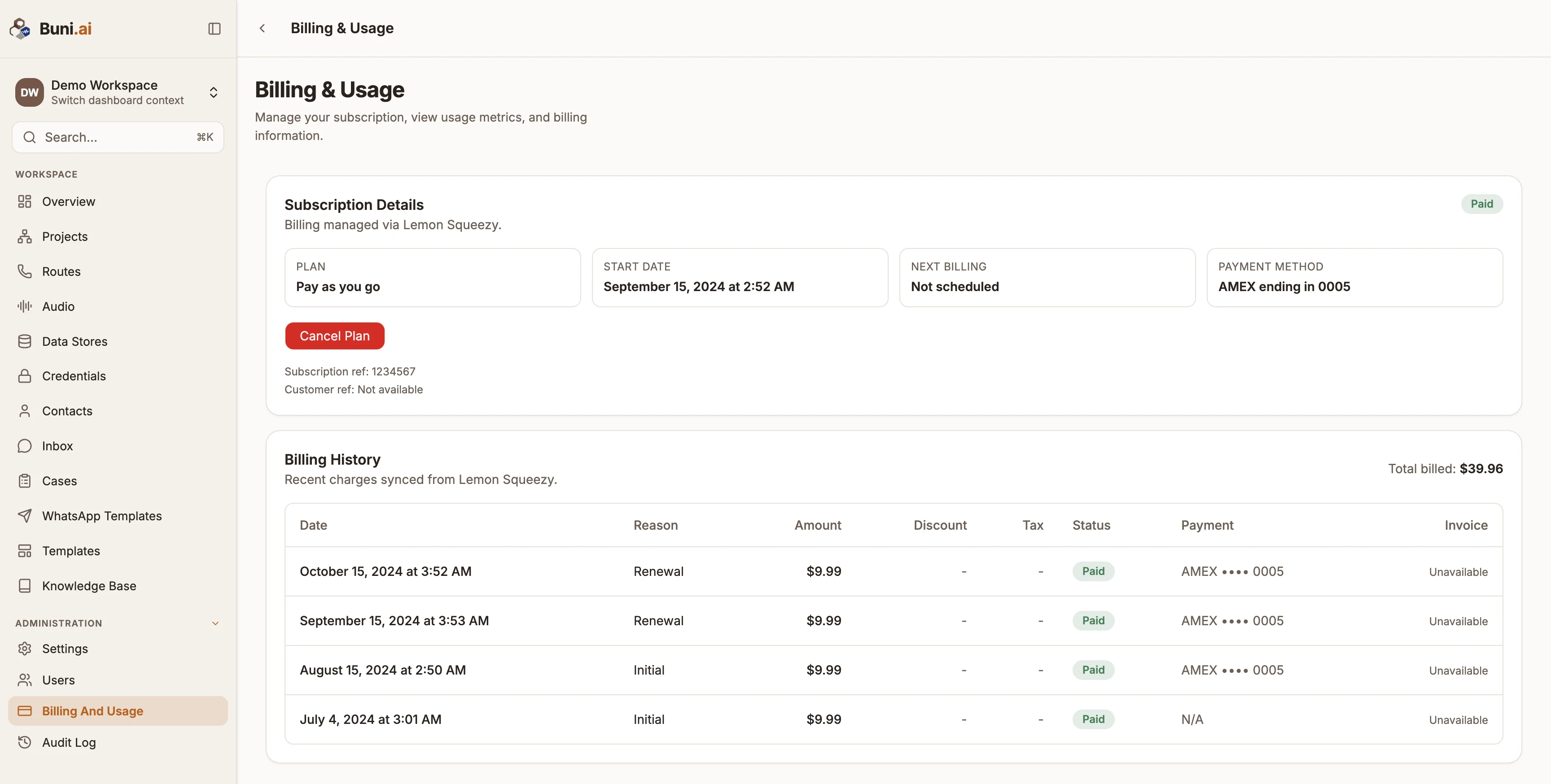 The Billing and Usage page with the subscription card showing plan, status, start date, next billing date and payment method