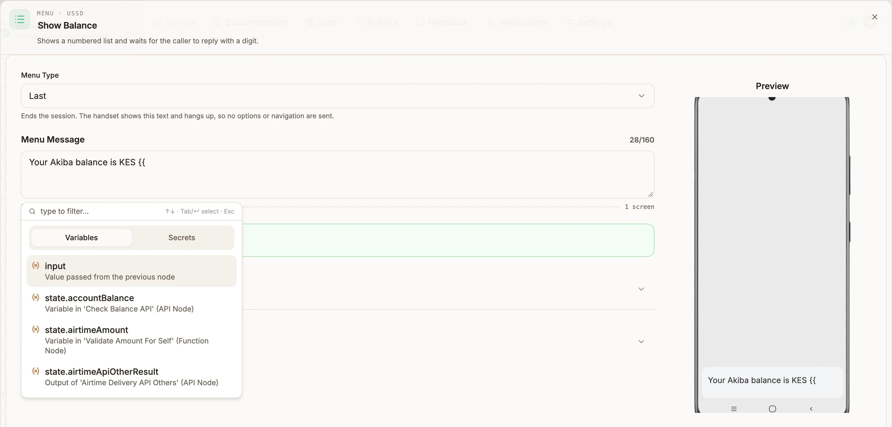 The variable picker open under a text field, showing the Variables and Secrets tabs