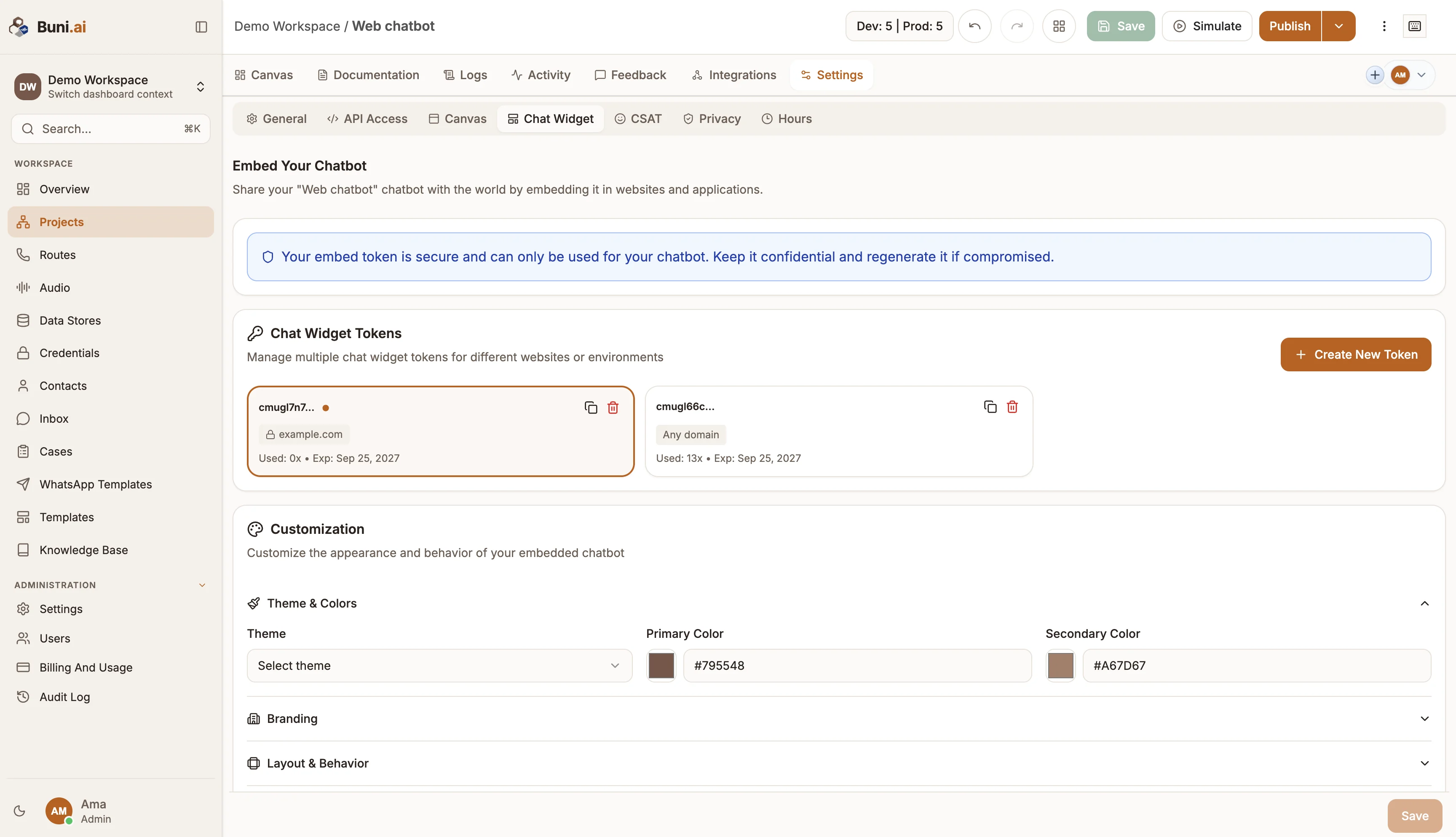 The Chat Widget settings tab with the Chat Widget Tokens list, the Customization accordions and the Live Preview