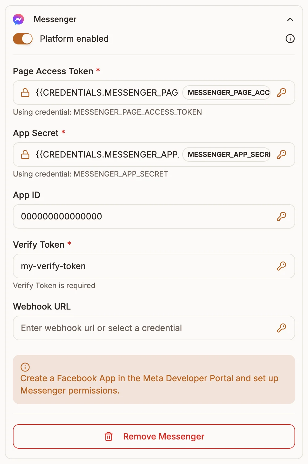 The Messenger section of the trigger node's Platforms tab with Page Access Token, App Secret, App ID, Verify Token and Webhook URL fields, using placeholder values