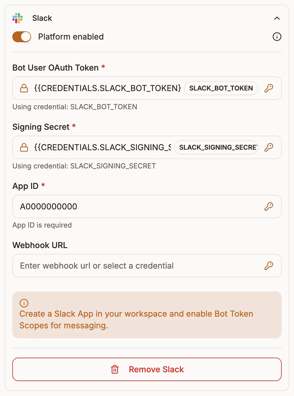 The Slack section of the trigger node's Platforms tab with Bot User OAuth Token, Signing Secret, App ID and Webhook URL fields, using placeholder values
