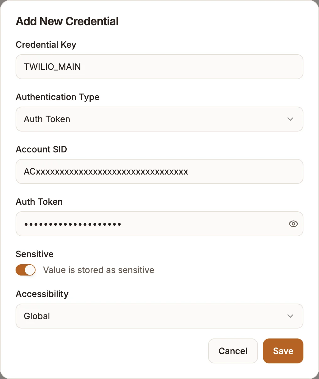The Add New Credential dialog for Twilio with Authentication Type set to Auth Token and placeholder values in Account SID and Auth Token