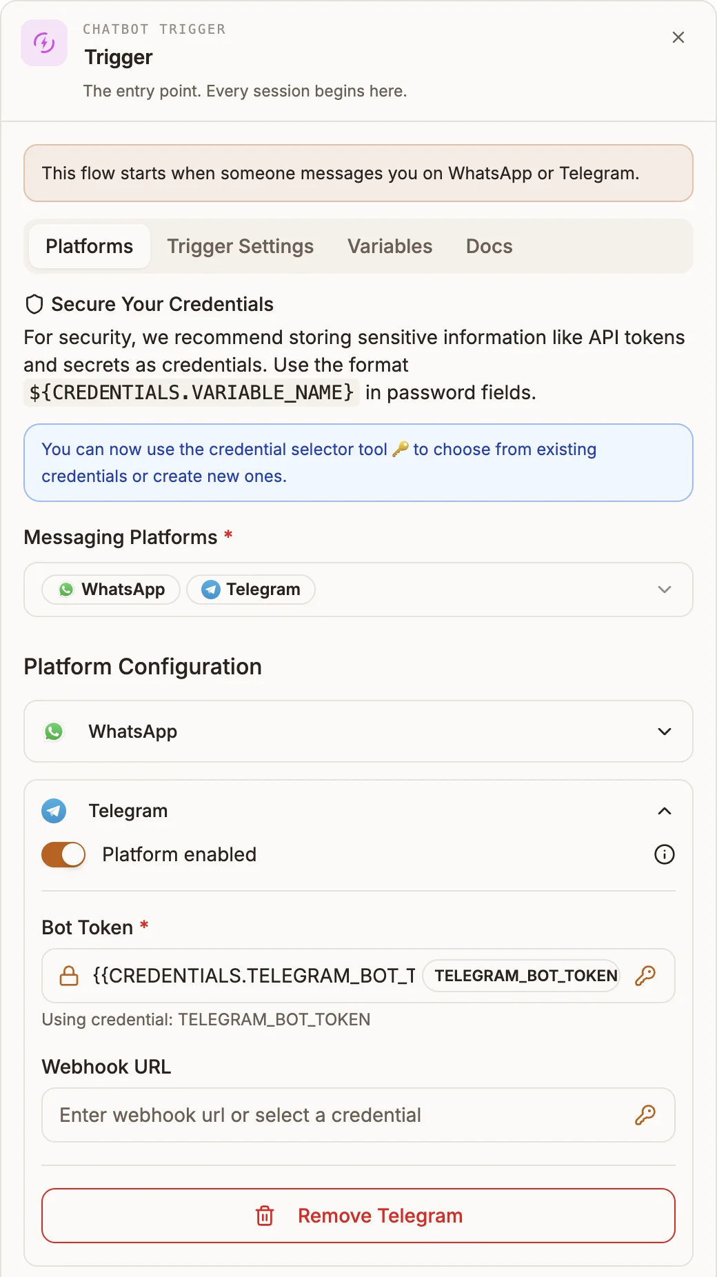 The chatbot trigger node's Platforms tab with WhatsApp and Telegram selected and their configuration sections expanded