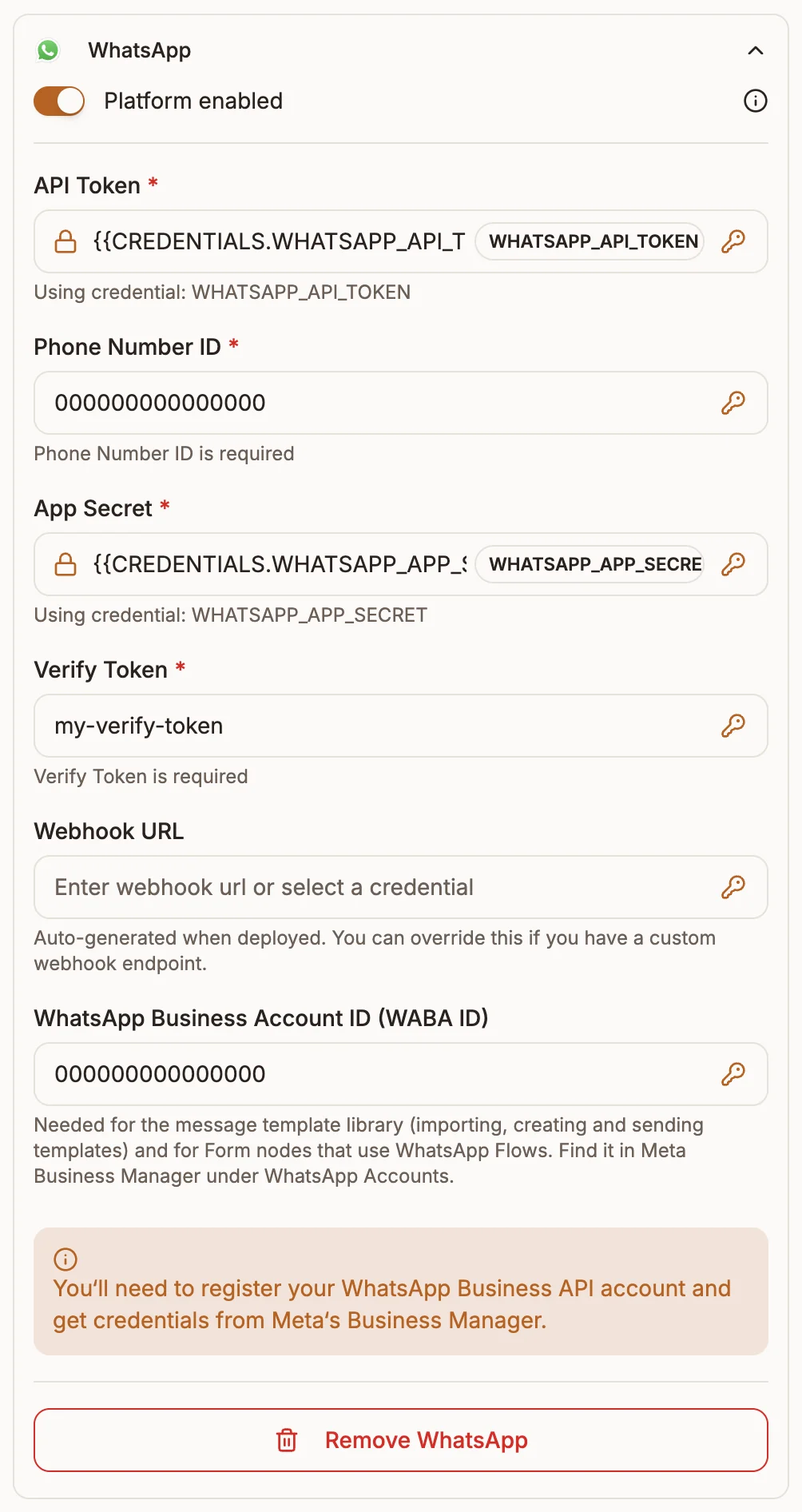 The WhatsApp section of the trigger node's Platforms tab with API Token, Phone Number ID, App Secret, Verify Token, Webhook URL and WABA ID fields filled with placeholder values