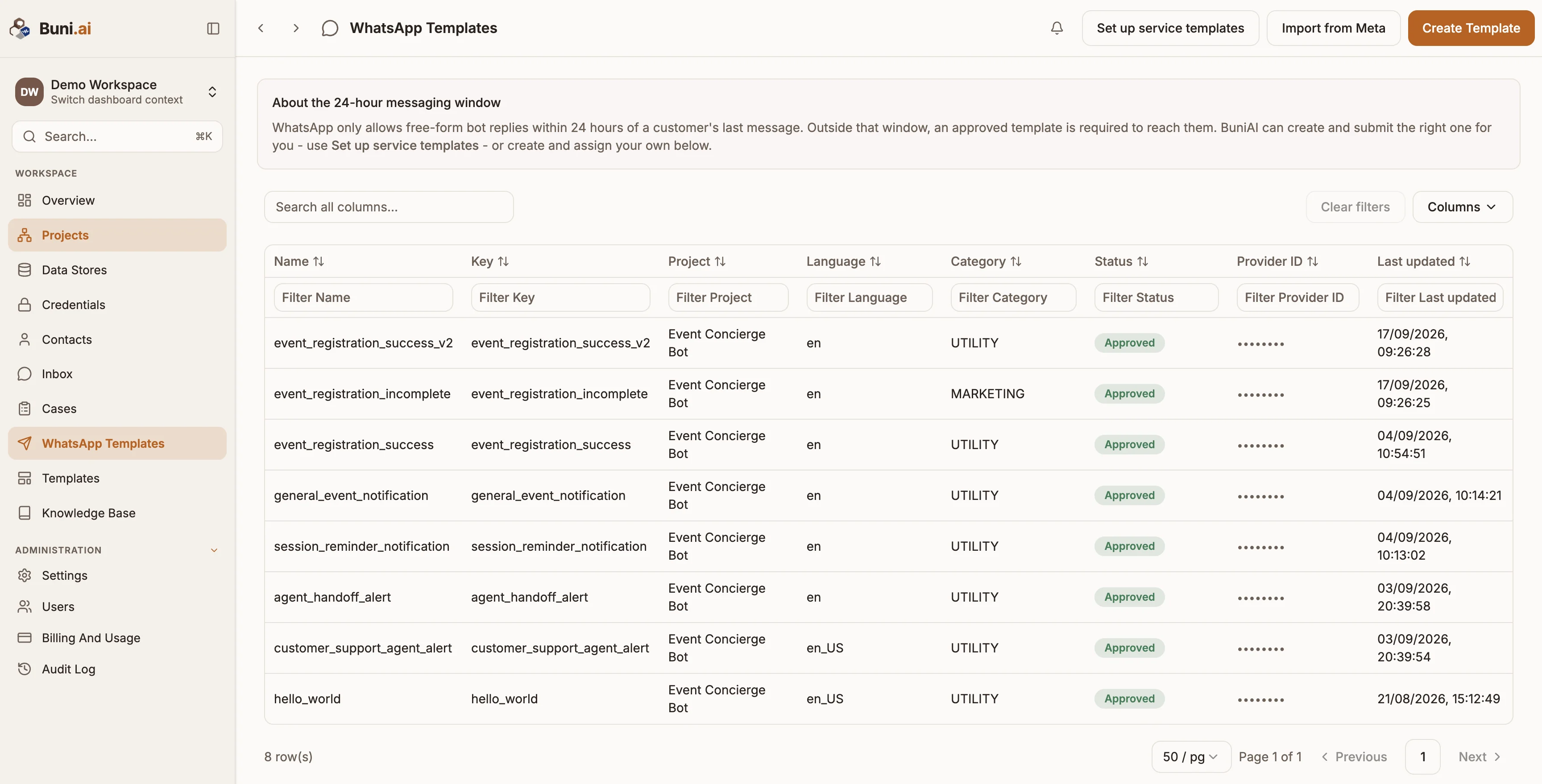 The WhatsApp Templates page with the Set up service templates, Import from Meta and Create Template buttons and a list of templates with statuses