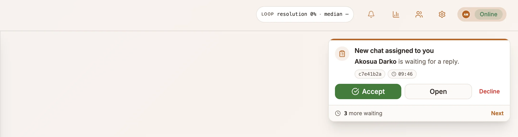 The Inbox showing a New chat assigned to you card with Accept, Open and Decline buttons