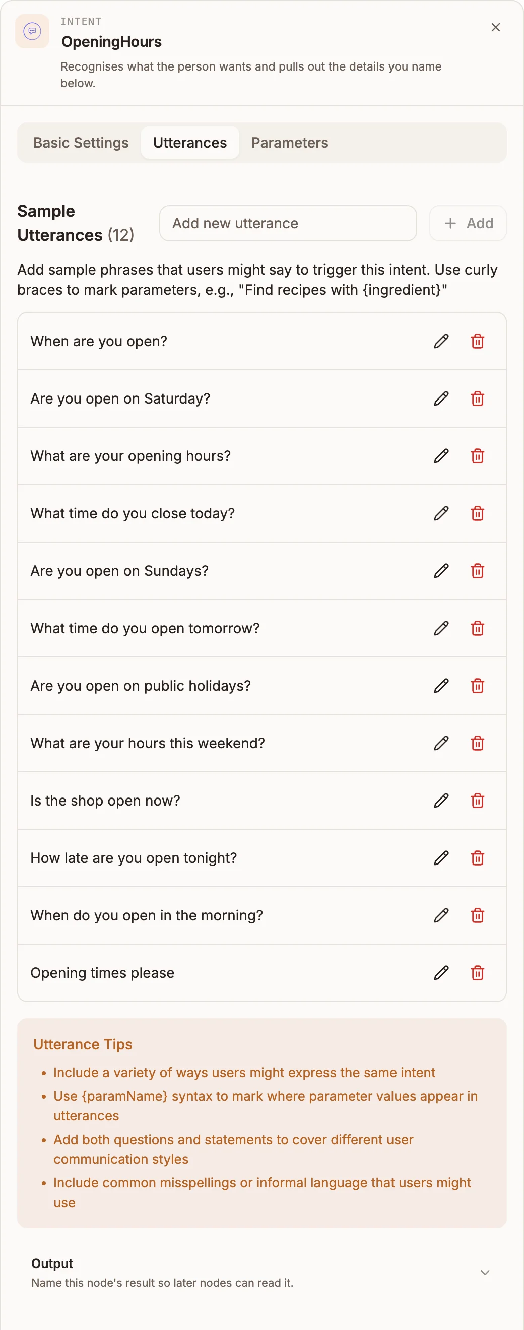 The Intent panel open on the Utterances tab, listing sample utterances with an Add new utterance field