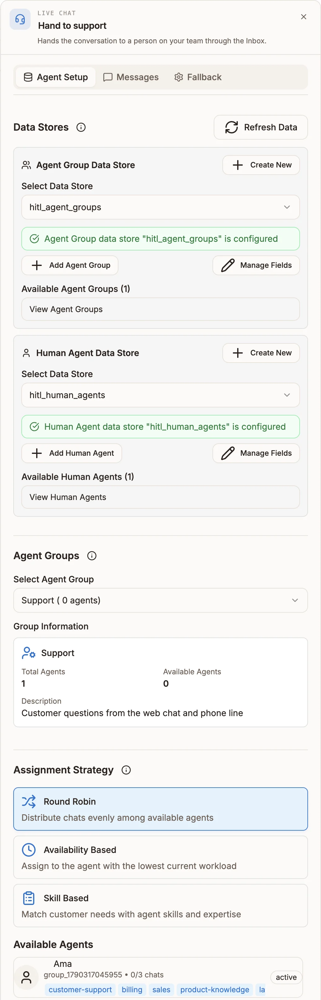 The Live Chat node's Agent Setup tab with the Data Stores section, an agent group selected, and the Round Robin, Availability Based and Skill Based strategy cards
