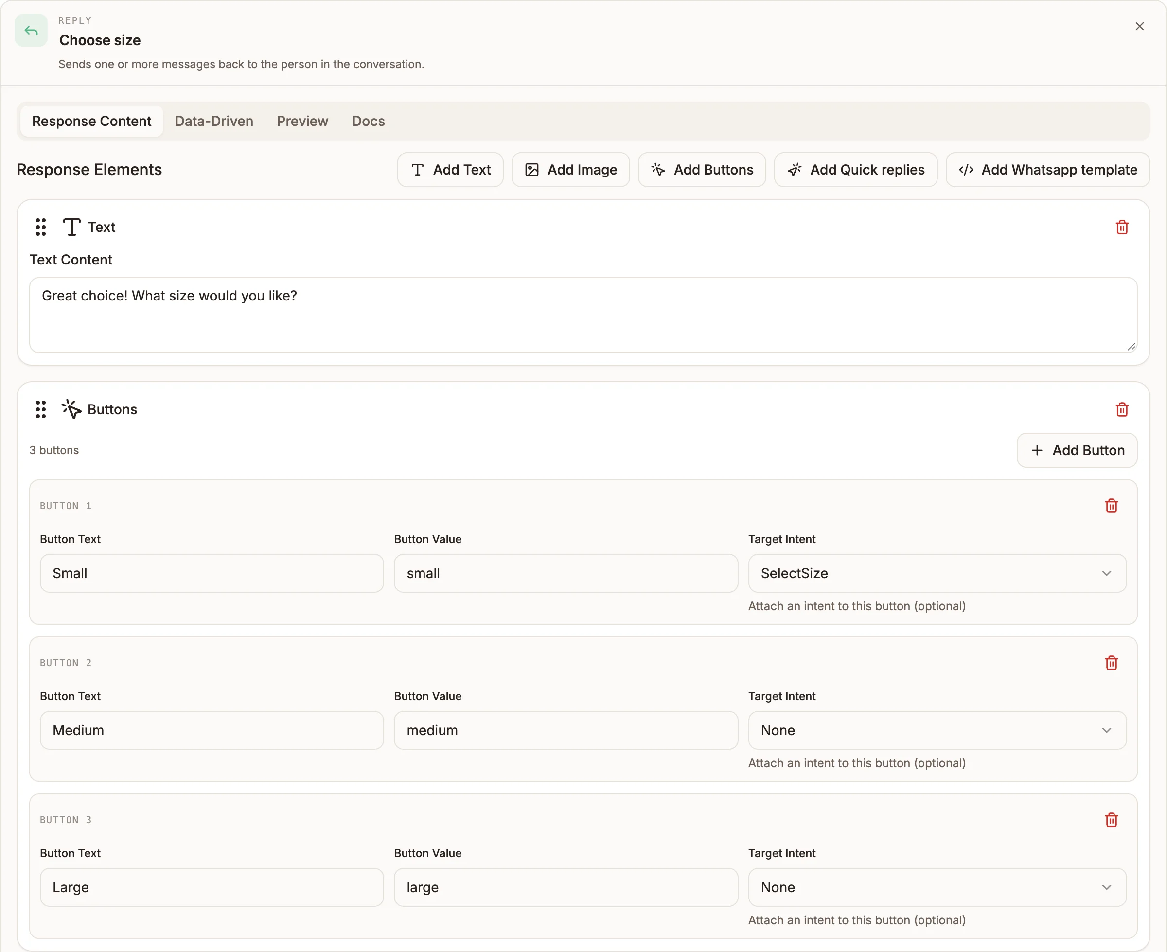 A Reply node's Response Content tab with a Buttons element showing Button Text, Button Value and a Target Intent dropdown