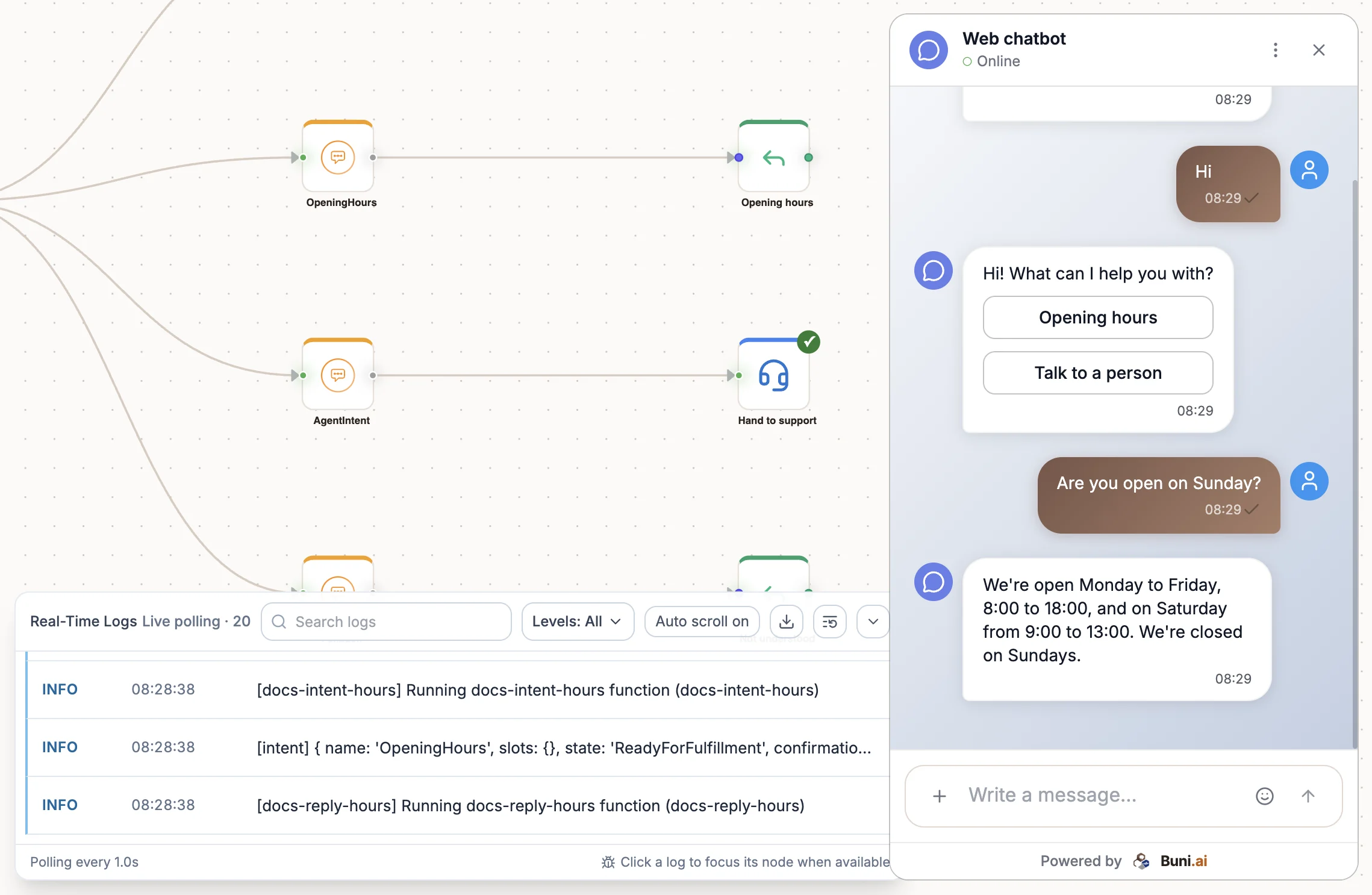 The canvas with the chatbot simulator open on the right and the live log panel at the bottom listing the nodes that ran