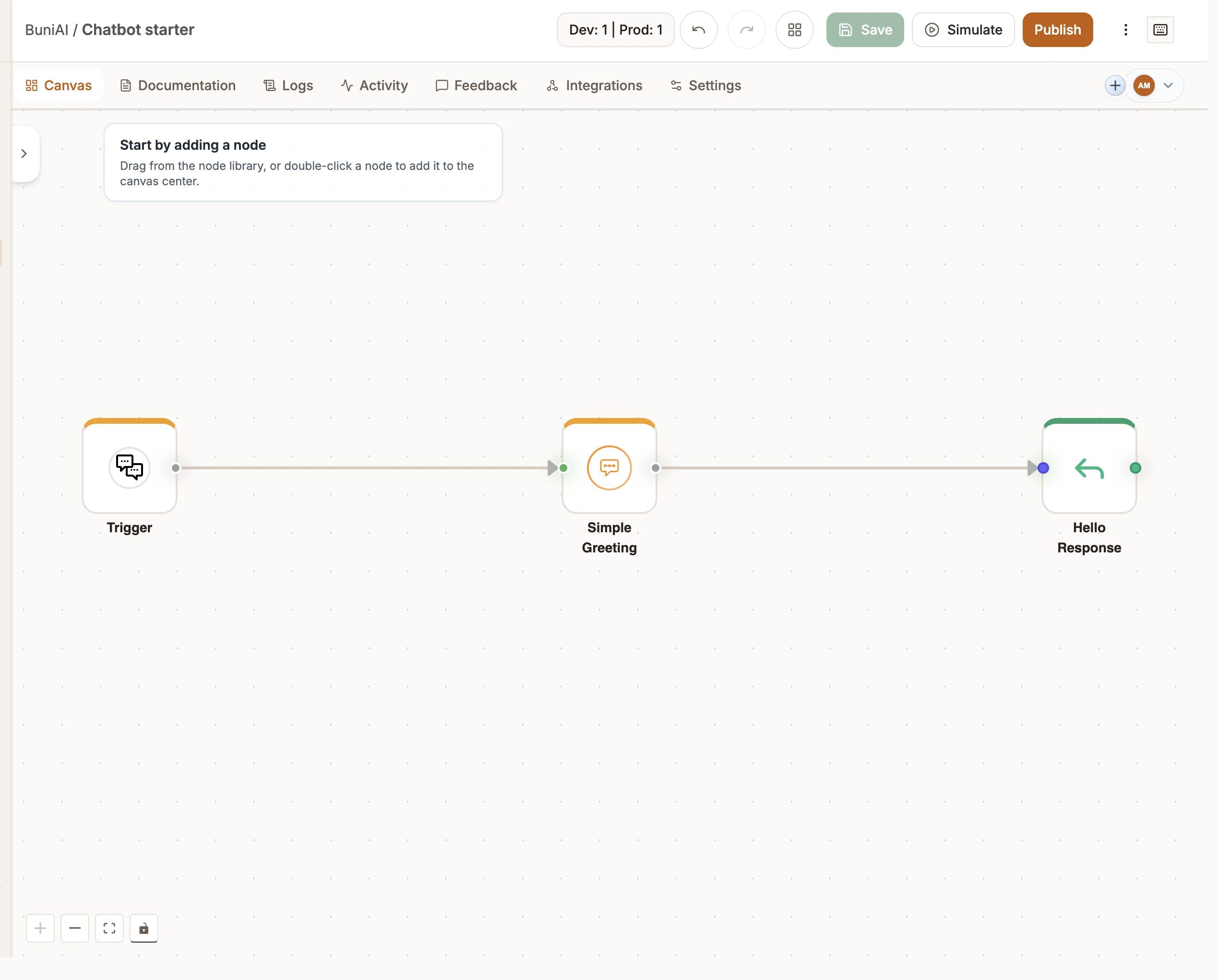 A new chatbot canvas with a Trigger node connected to a Simple Greeting intent, which connects to a Hello Response reply