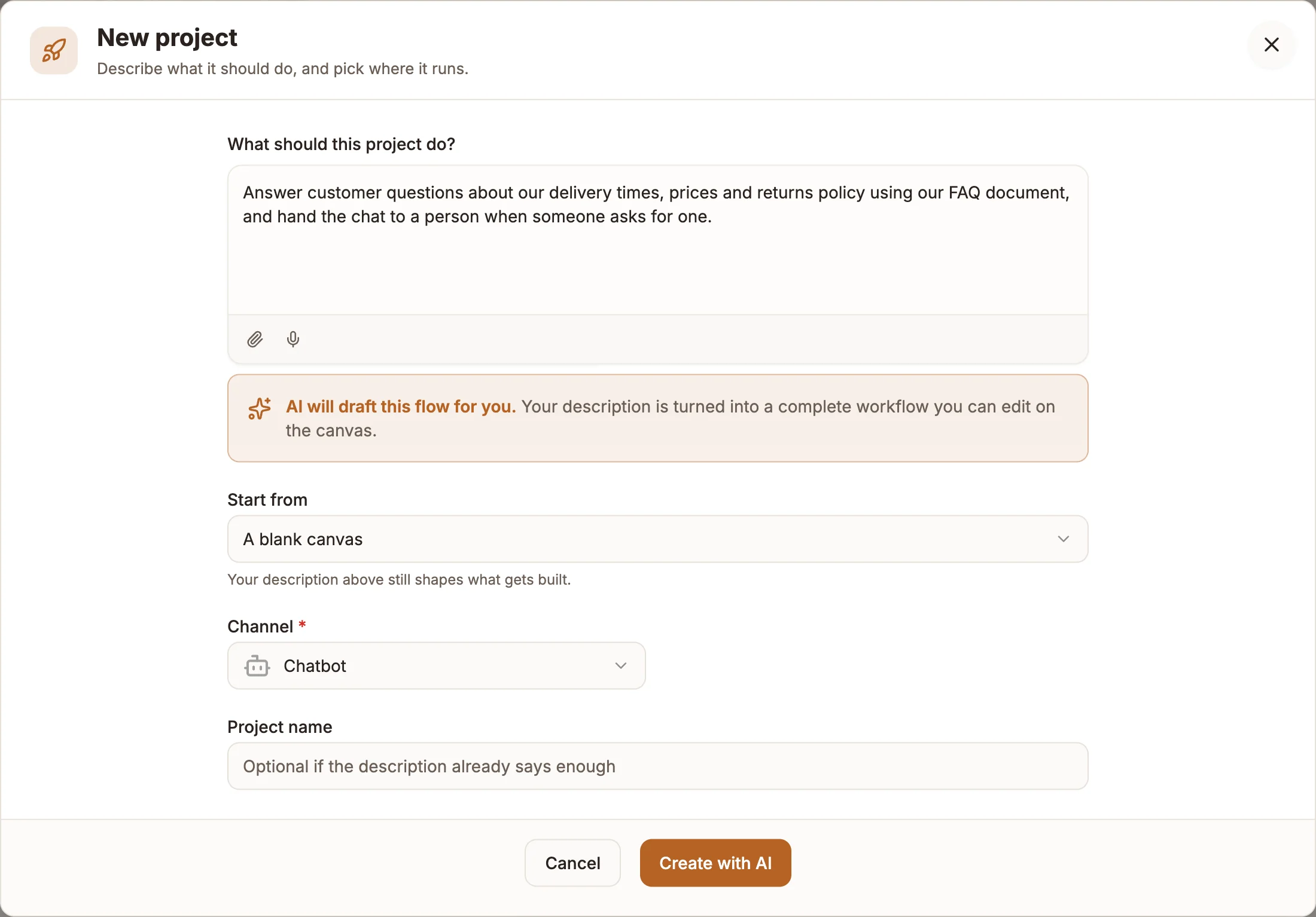 The New project dialog with a description filled in and Channel set to Chatbot