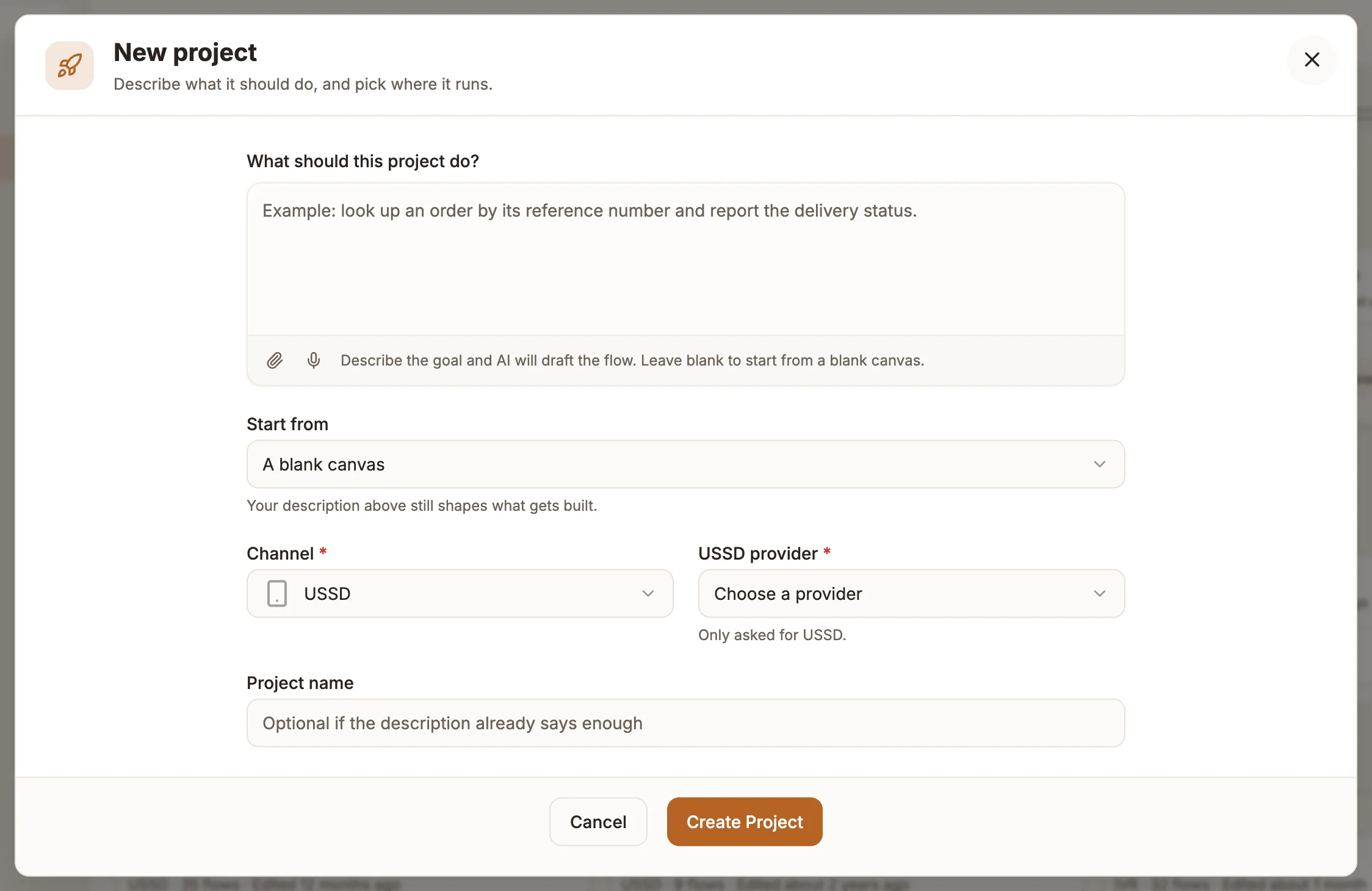 The New project dialog with the description box, Start from, Channel and Project name fields
