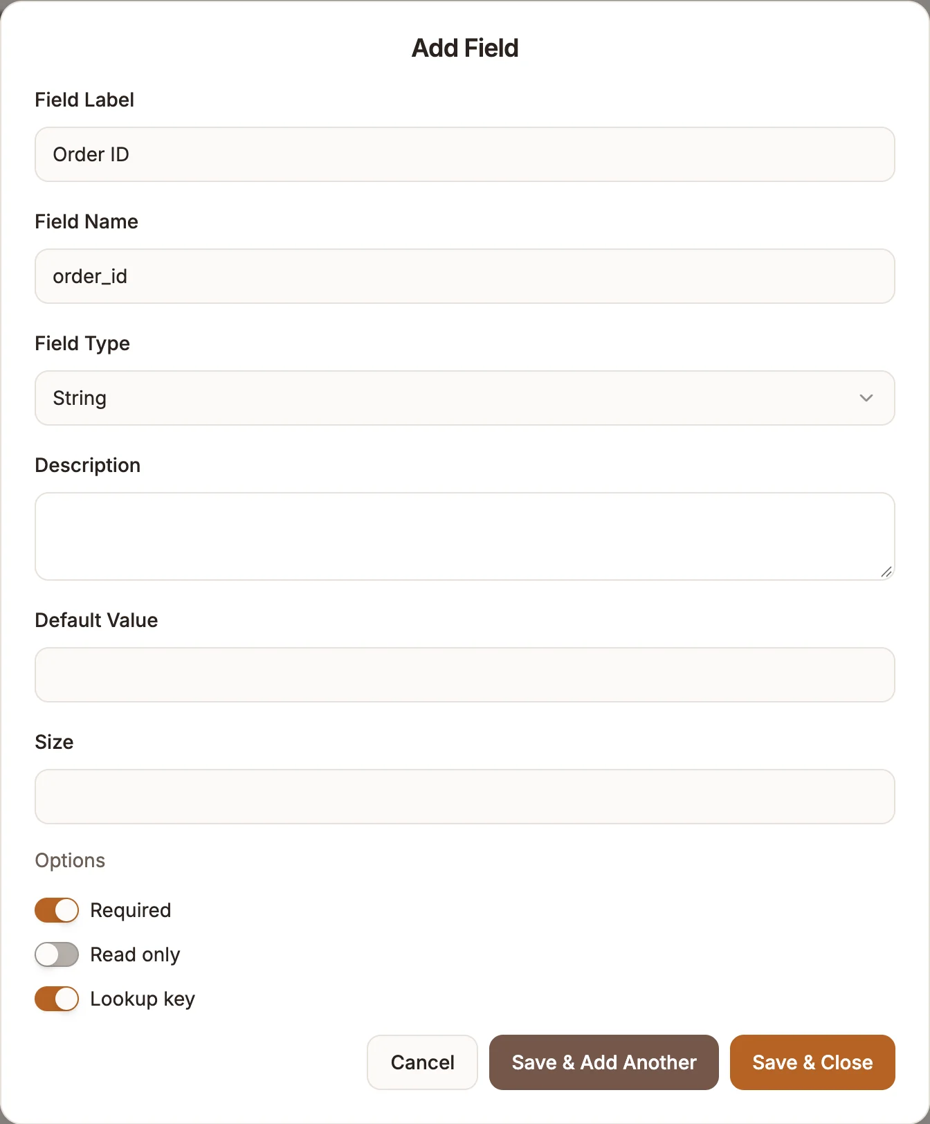 The Add field dialog with Field Label, Field Name, Field Type and the Required, Read only and Lookup key switches