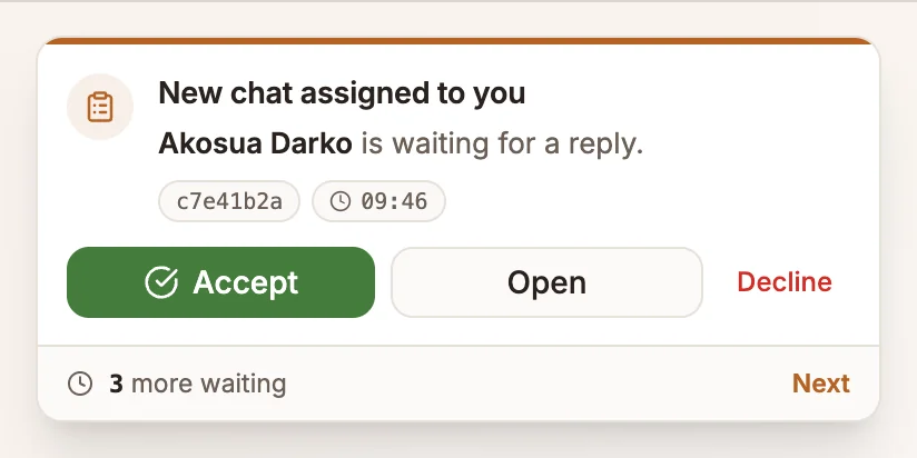 The New chat assigned to you card with Accept, Open and Decline buttons