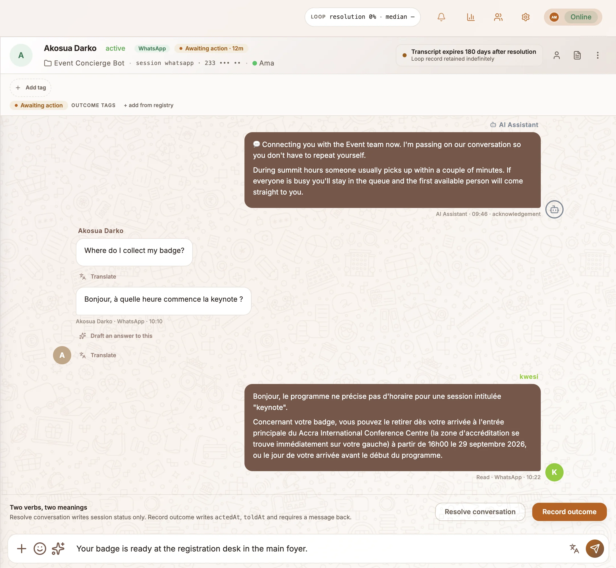 The Inbox composer with attachment, emoji, draft and translate buttons below an open conversation