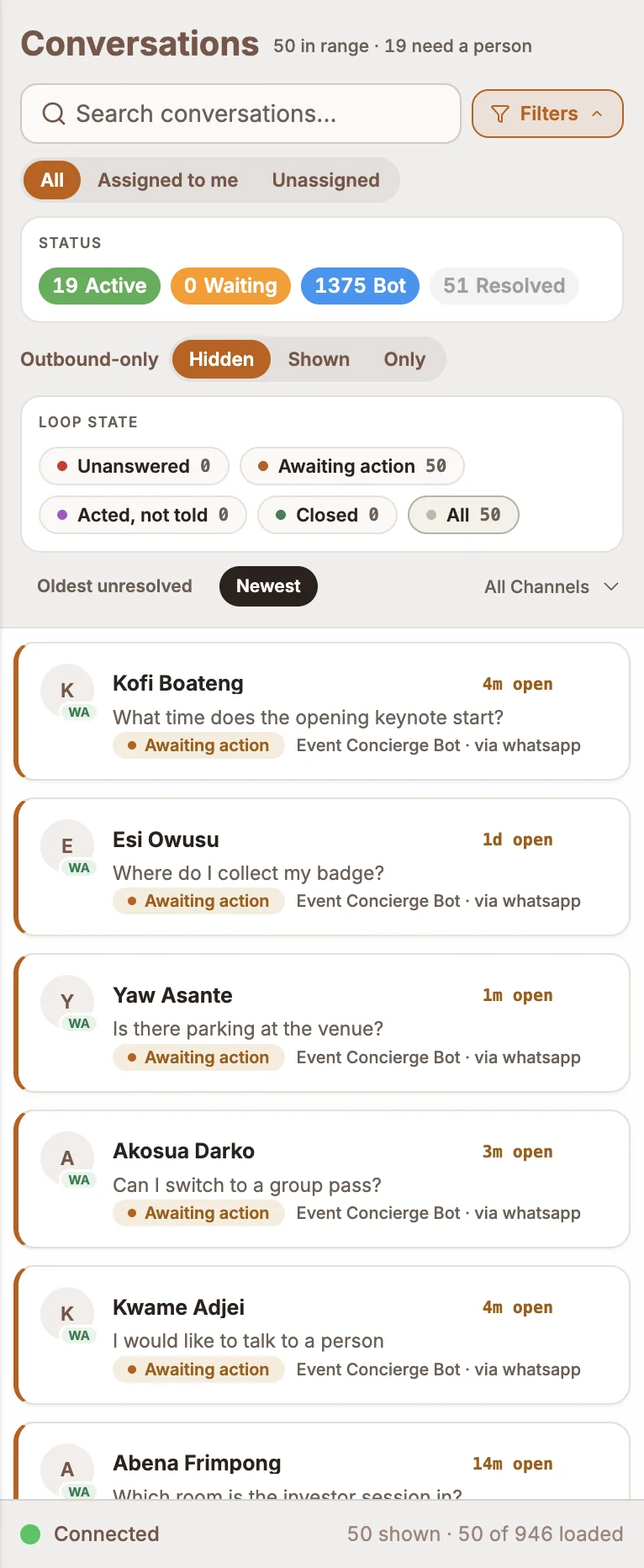 The Inbox filter panel with the assignment switch, status chips, outbound-only, loop state and sort controls