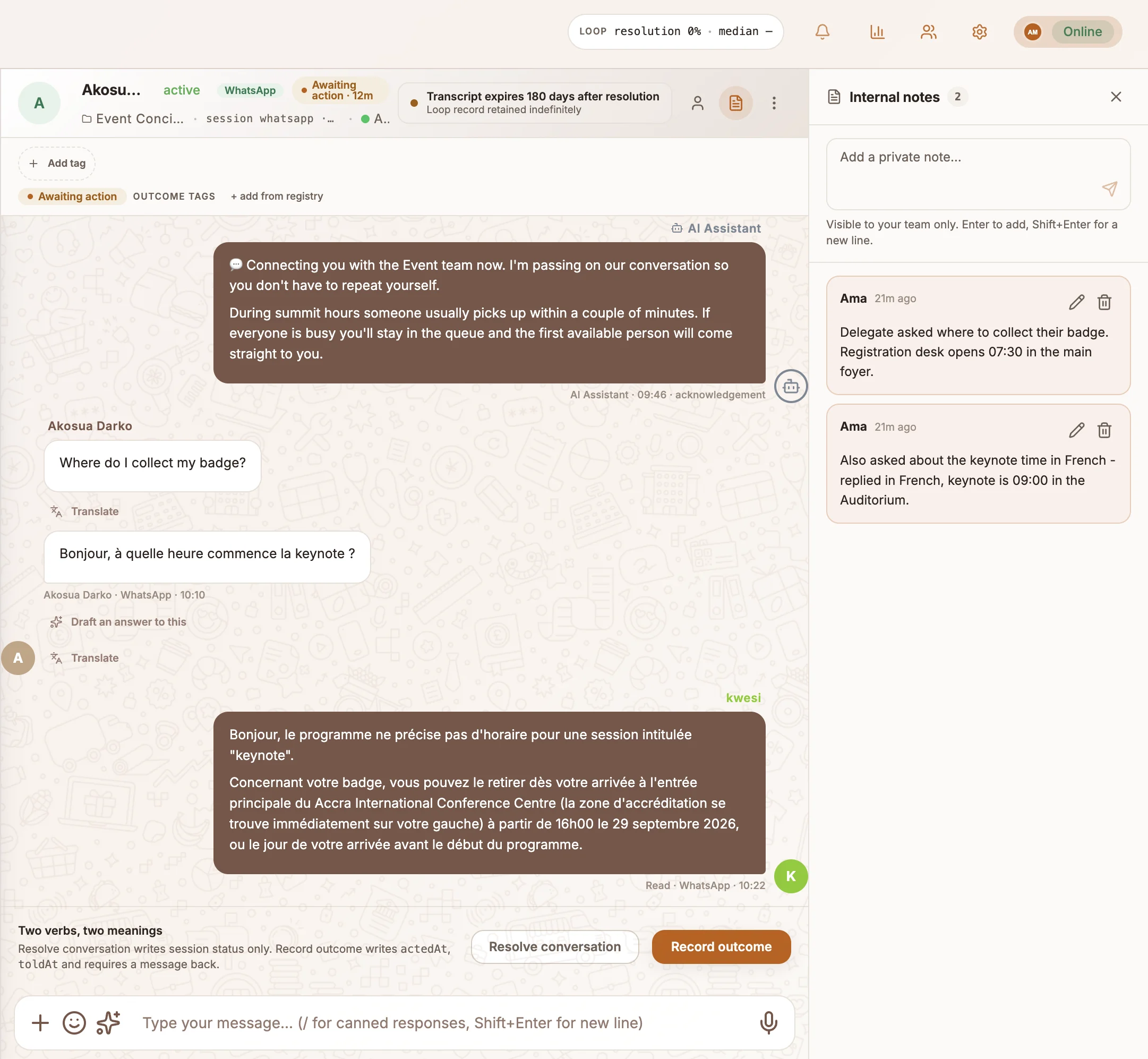 The Internal notes panel beside a conversation, with two notes from agents and the Add a private note box