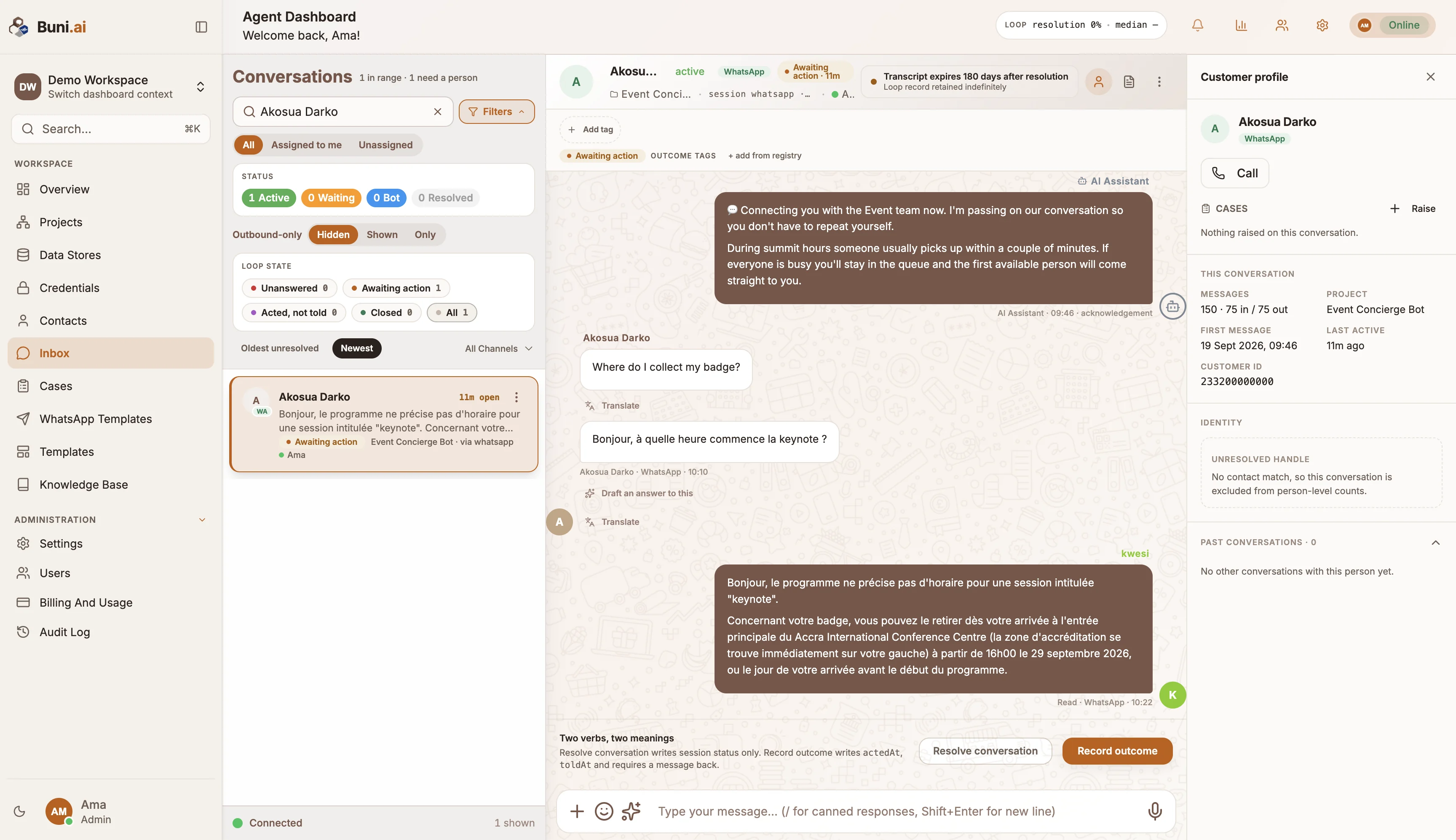 The Inbox with the conversation list on the left, an open conversation in the middle and the customer profile on the right