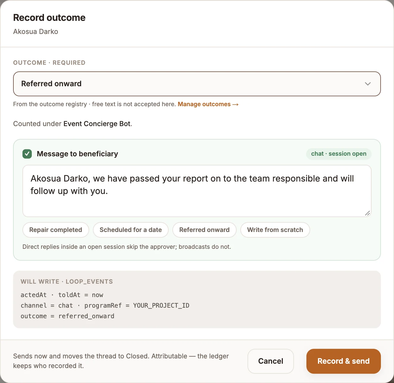 The Record outcome dialog with an outcome selected, a message to the customer and the Record and send button