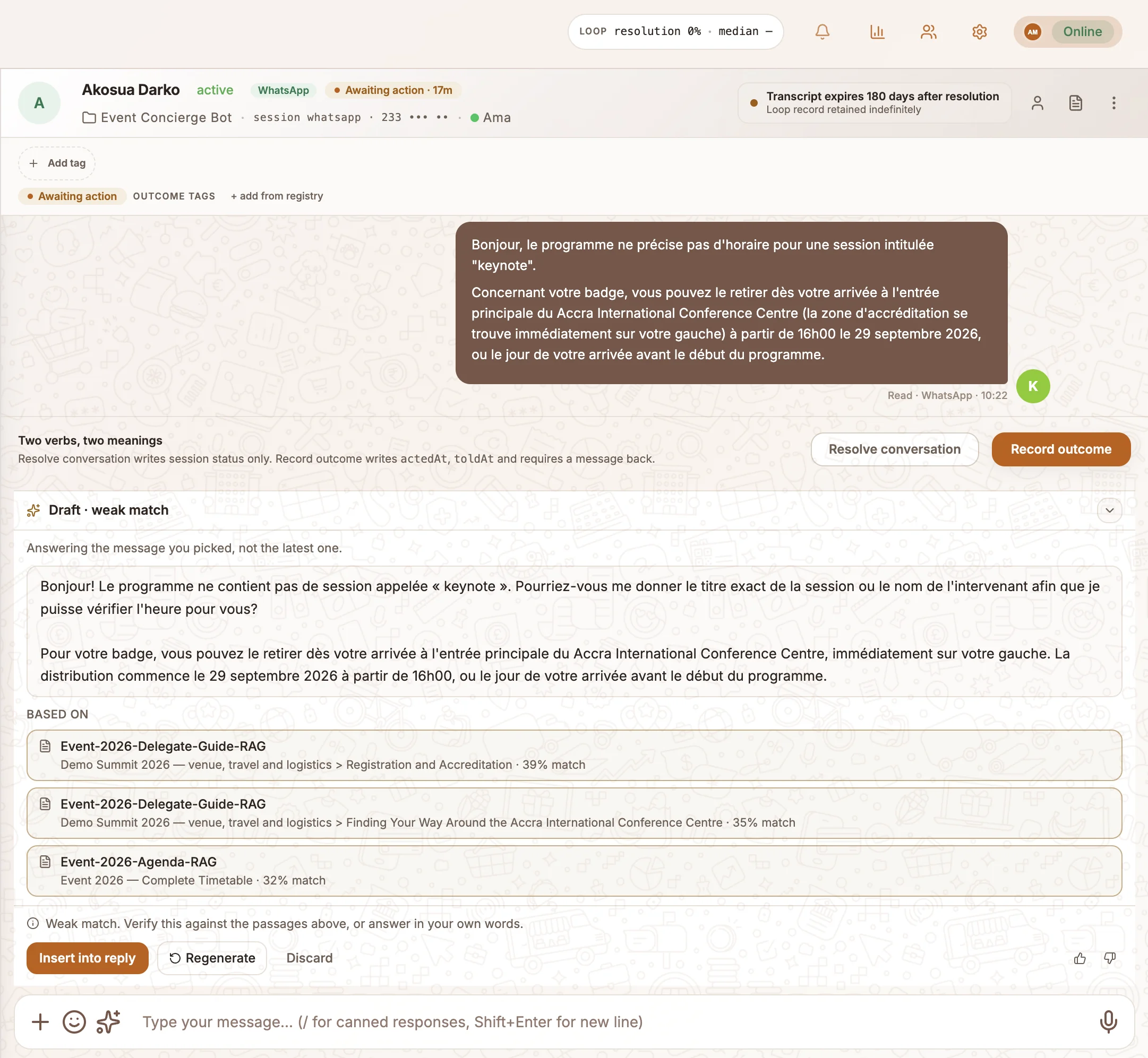 The Draft reply dock above the composer showing a drafted answer, the passages it was based on, and Insert into reply