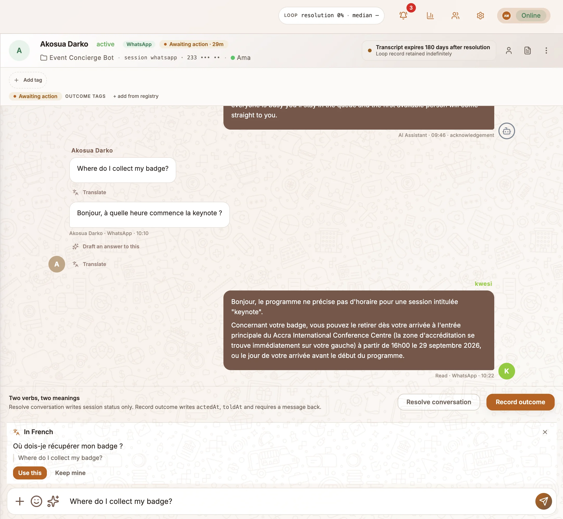 The translation dock above the composer showing a reply translated into French with Use this and Keep mine buttons