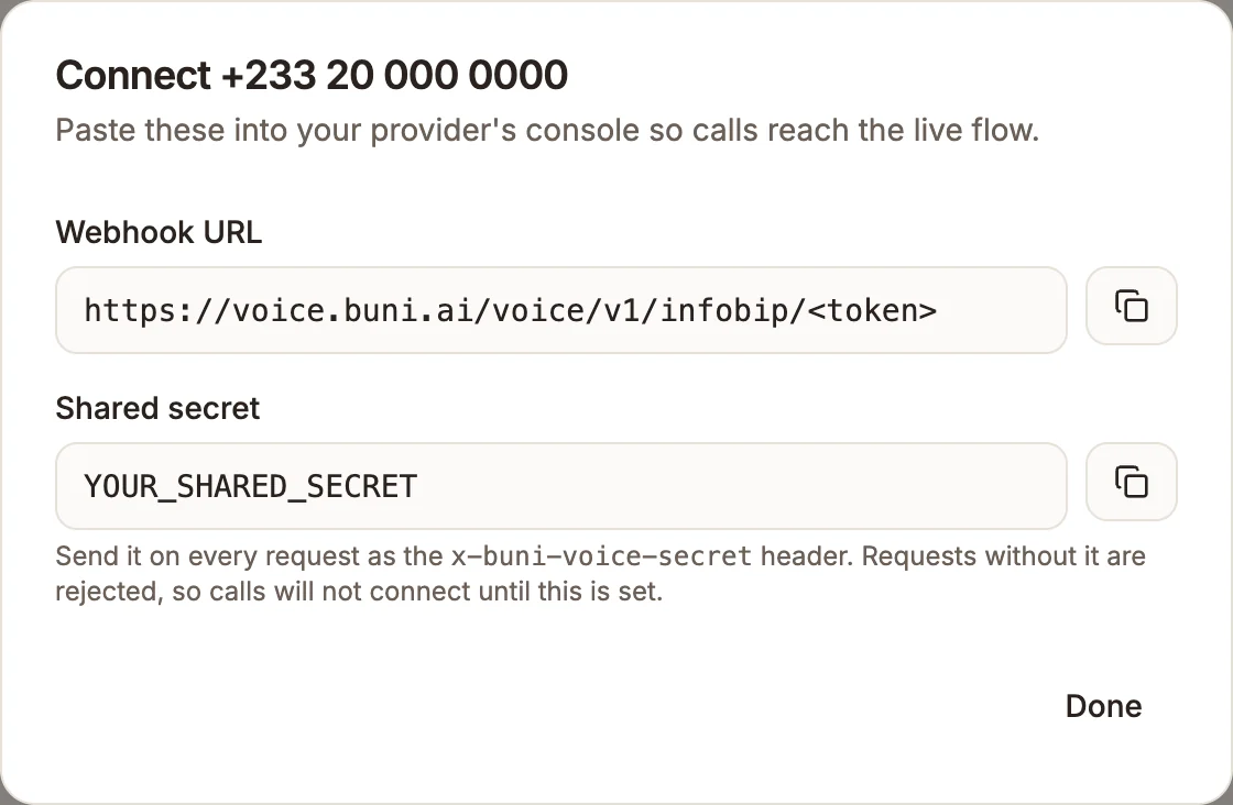 The voice webhook dialog showing the Webhook URL and Shared secret fields with copy buttons