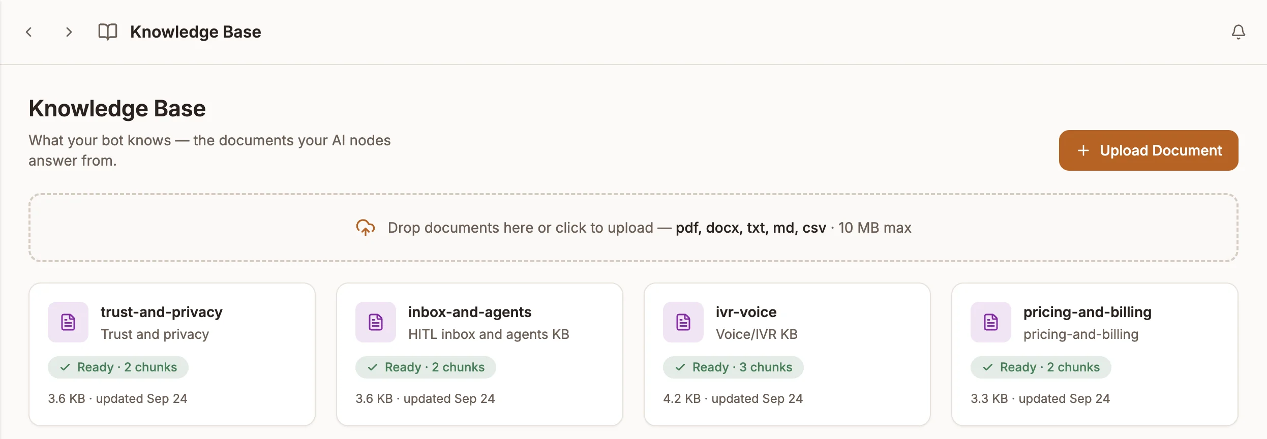 The Knowledge Base page listing documents with their index status and chunk counts
