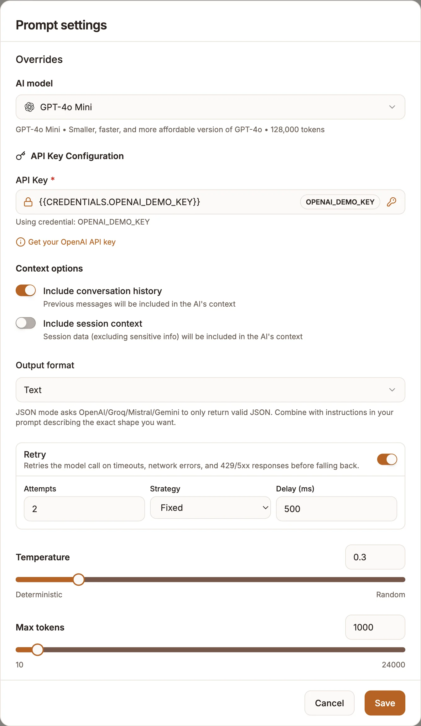 Prompt settings dialog with the AI model selector, API Key field, context options, output format, retry, temperature and max tokens
