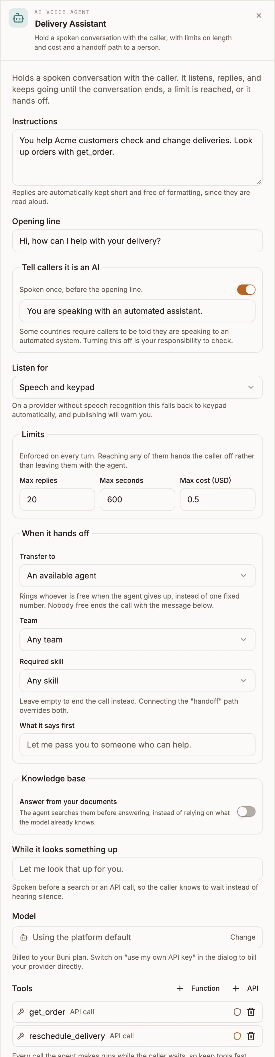 AI Voice Agent settings panel with instructions, opening line, limits and handoff filled in