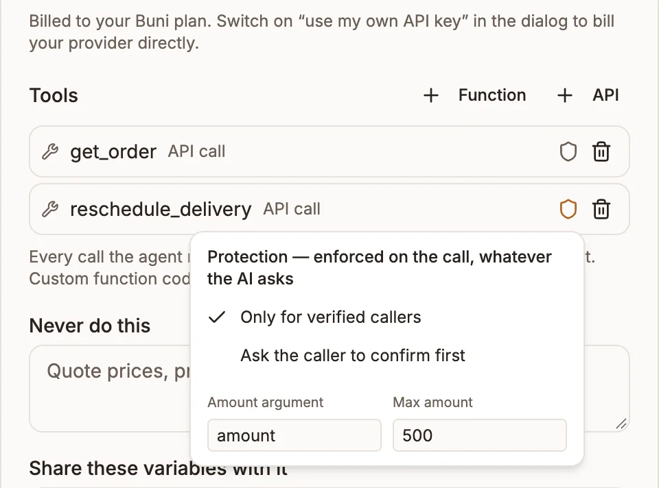The protection menu on an AI Voice Agent tool, with Only for verified callers ticked and a max amount set