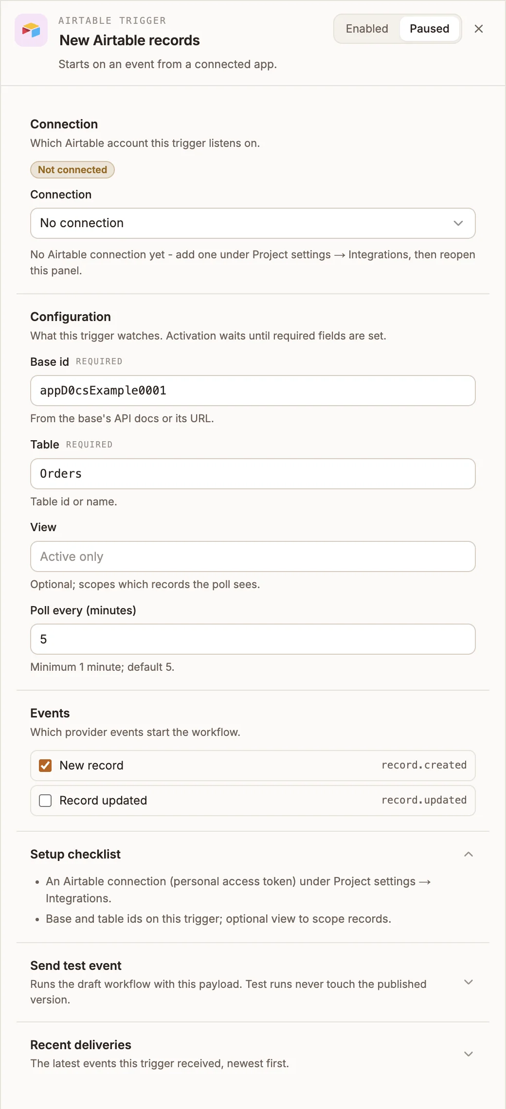 Airtable Trigger panel with the connection picker, the base id appD0csExample0001, the Orders table, an empty view, a 5-minute poll interval and New record selected