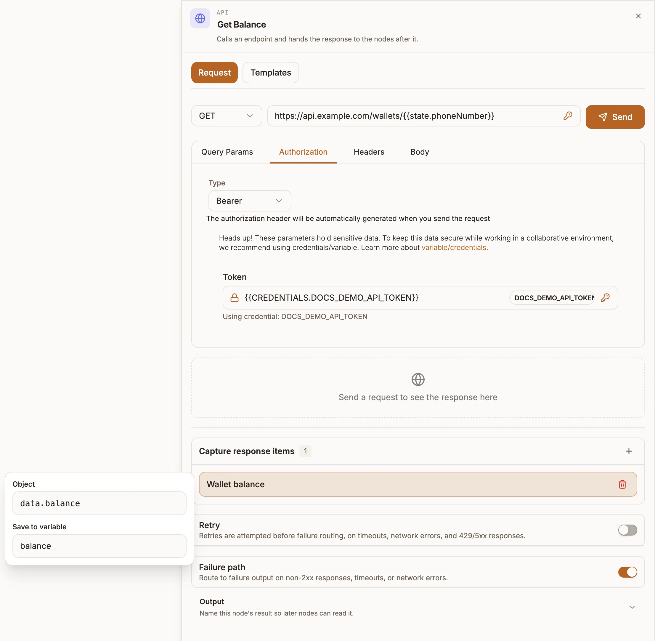 API panel on the Request tab with a POST request, the Body tab open and two capture response items