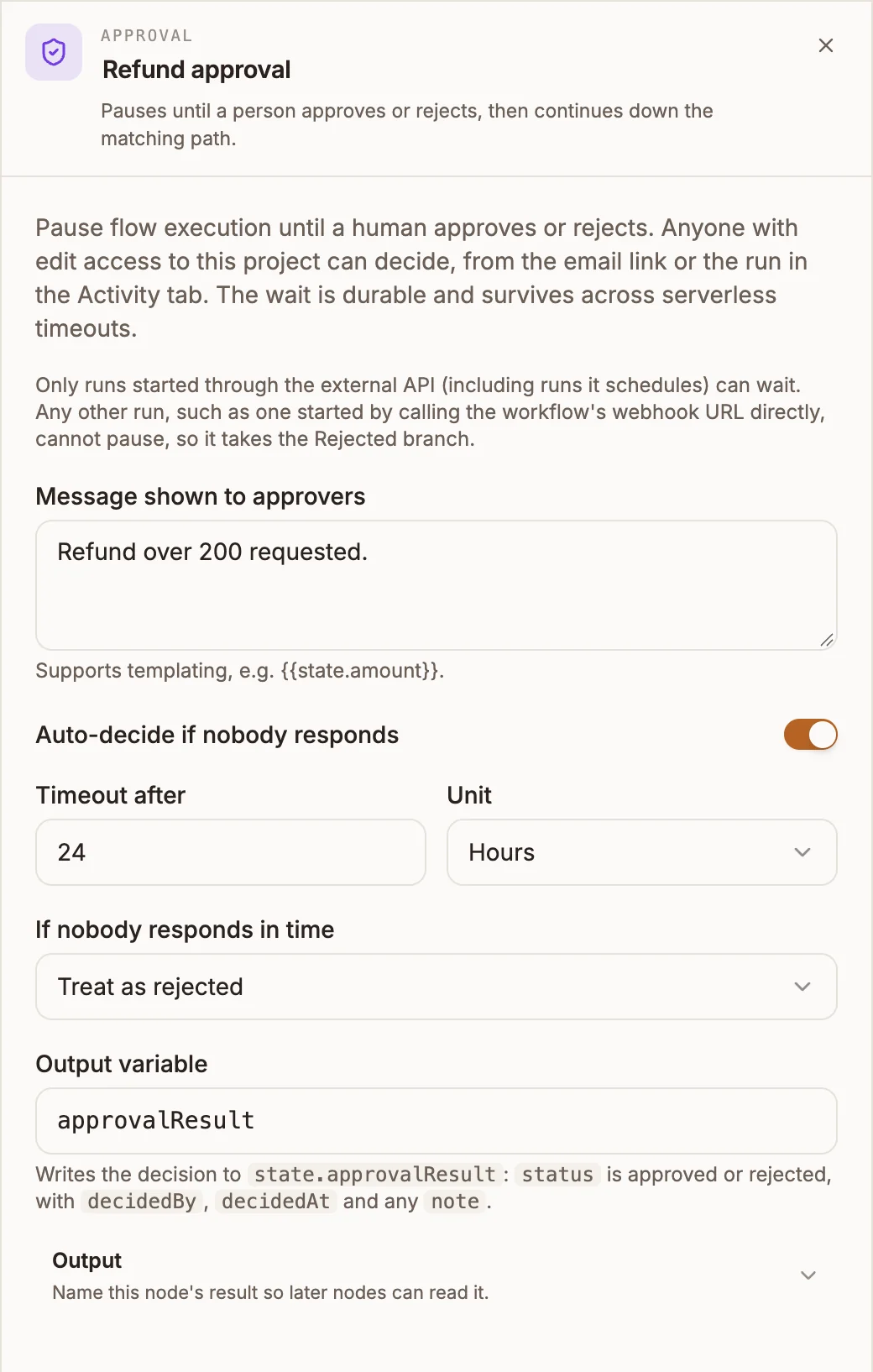 Approval settings with a message, Auto-decide if nobody responds switched on, 24 hours, Treat as rejected