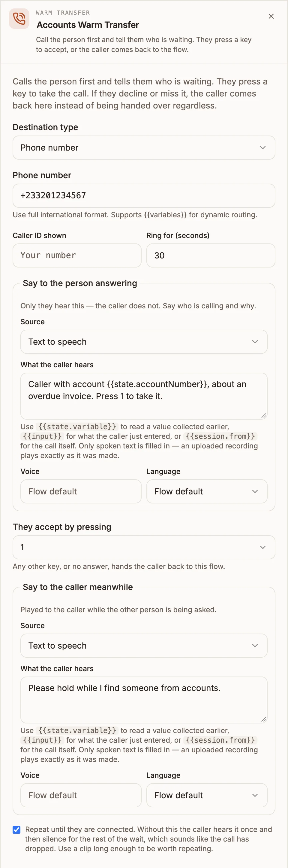 Warm Transfer settings panel with a phone number destination, an announcement and a hold message
