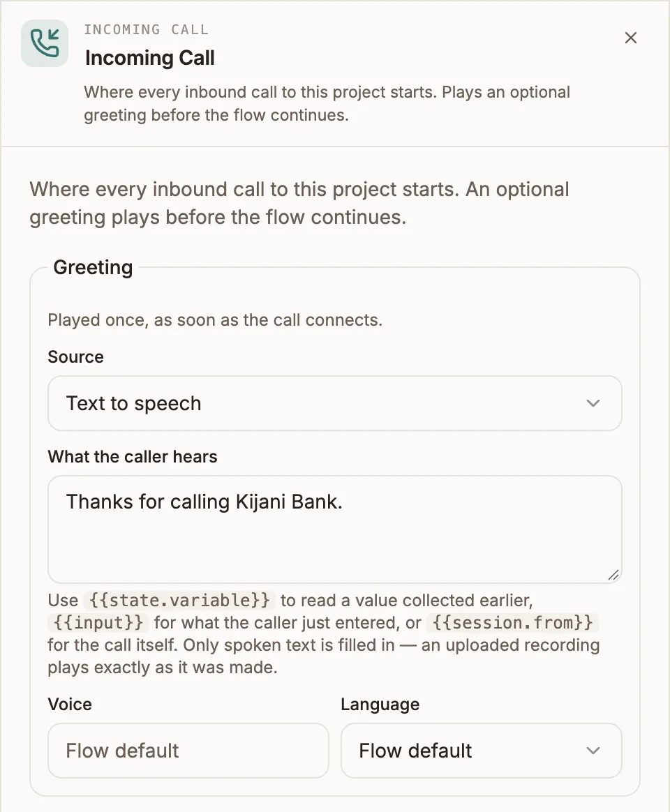 Incoming Call settings panel with Text to speech selected and a one-sentence greeting