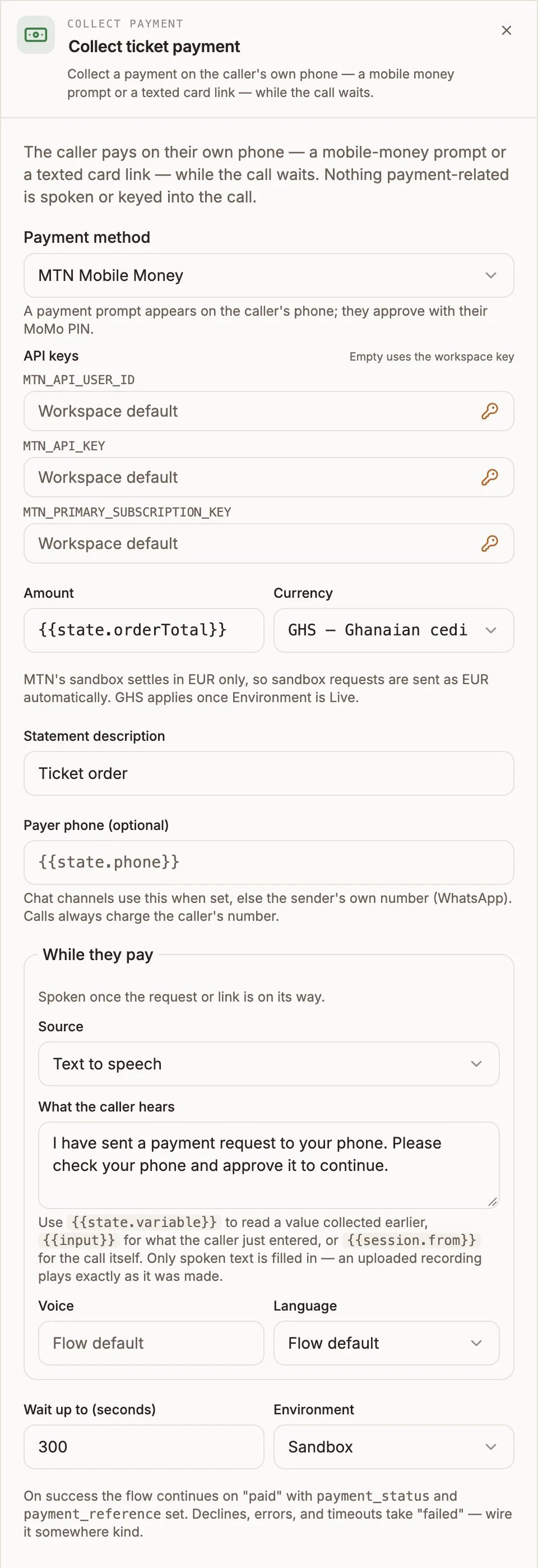 Collect Payment settings with Payment method MTN Mobile Money, Amount {{state.orderTotal}}, Currency GHS, Environment Sandbox