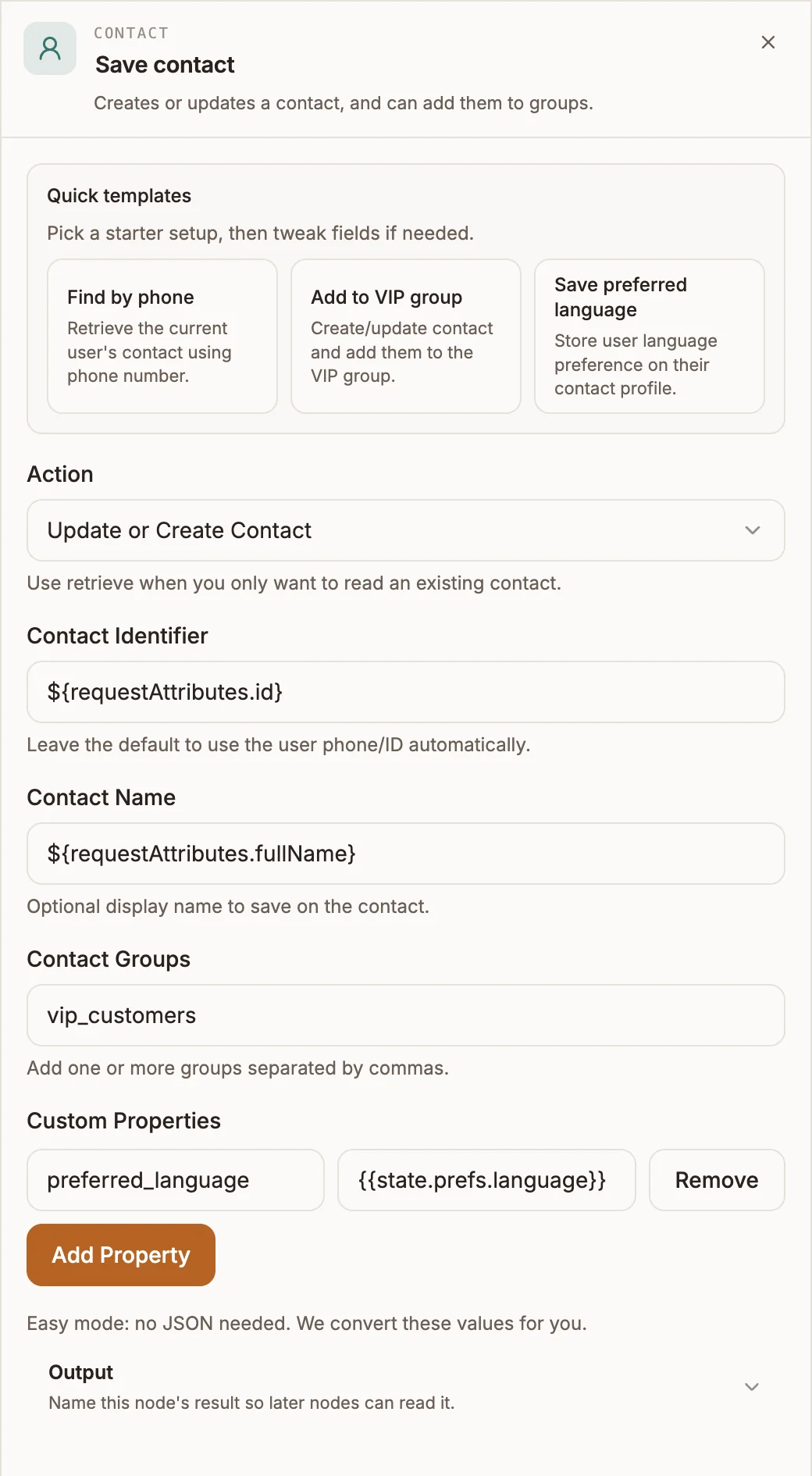 Contact settings with Action Update or Create Contact, a contact group ID, and a custom property preferred_language