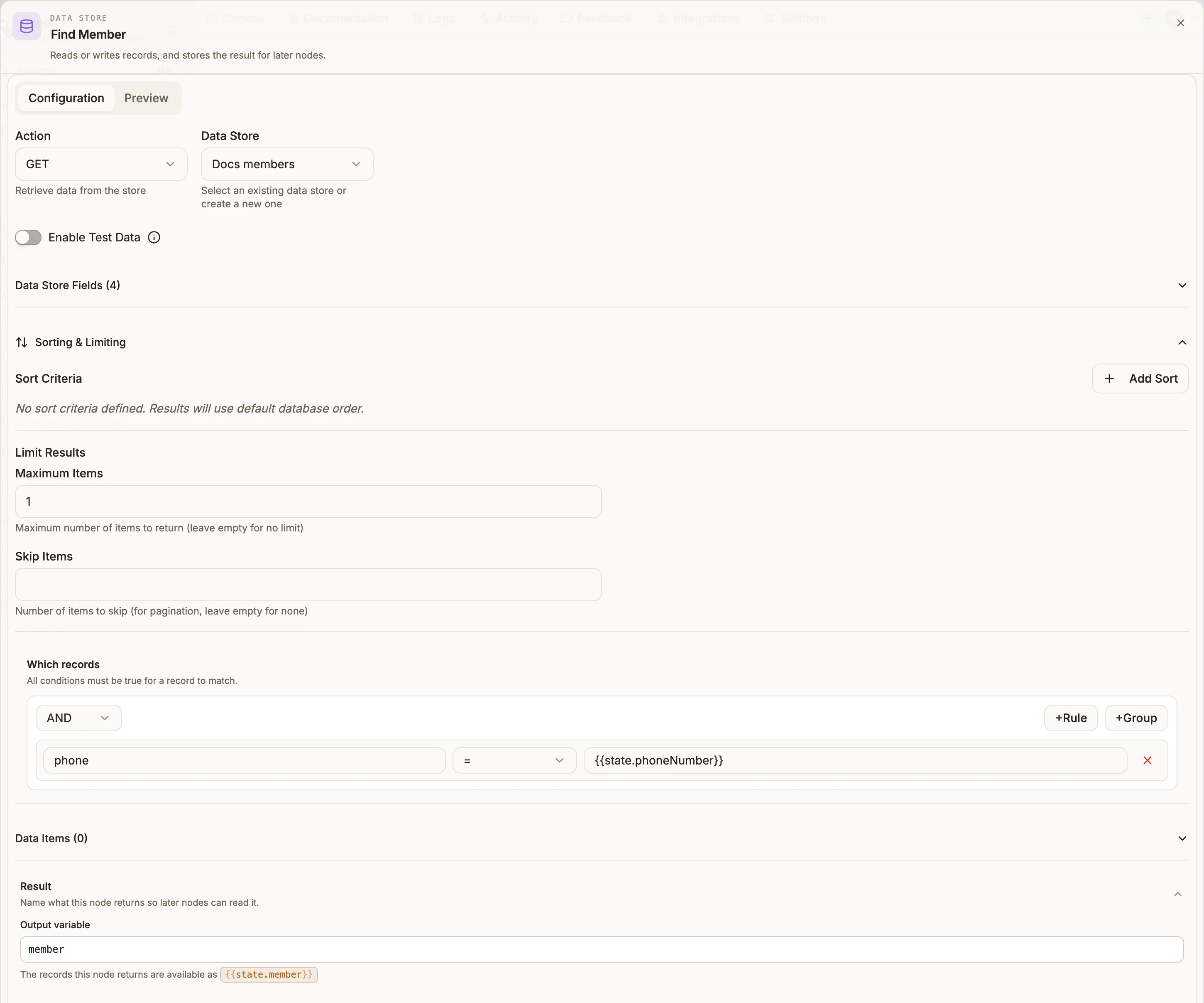 Data Store settings with Action GET, a customers store selected, and a condition phone equals {{state.phone}}