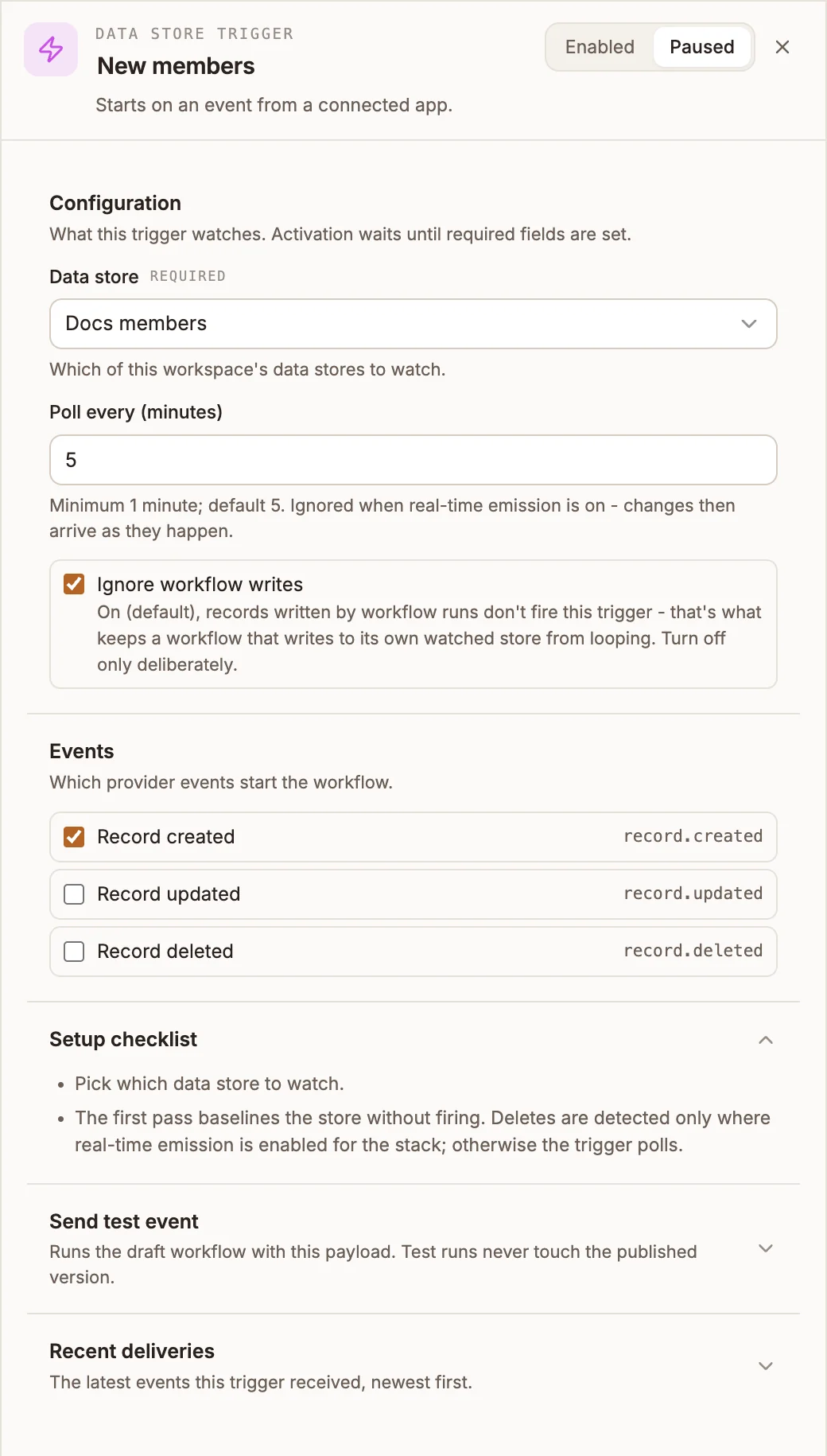 Data Store Trigger panel watching the Docs members data store, with Ignore workflow writes on and Record created selected