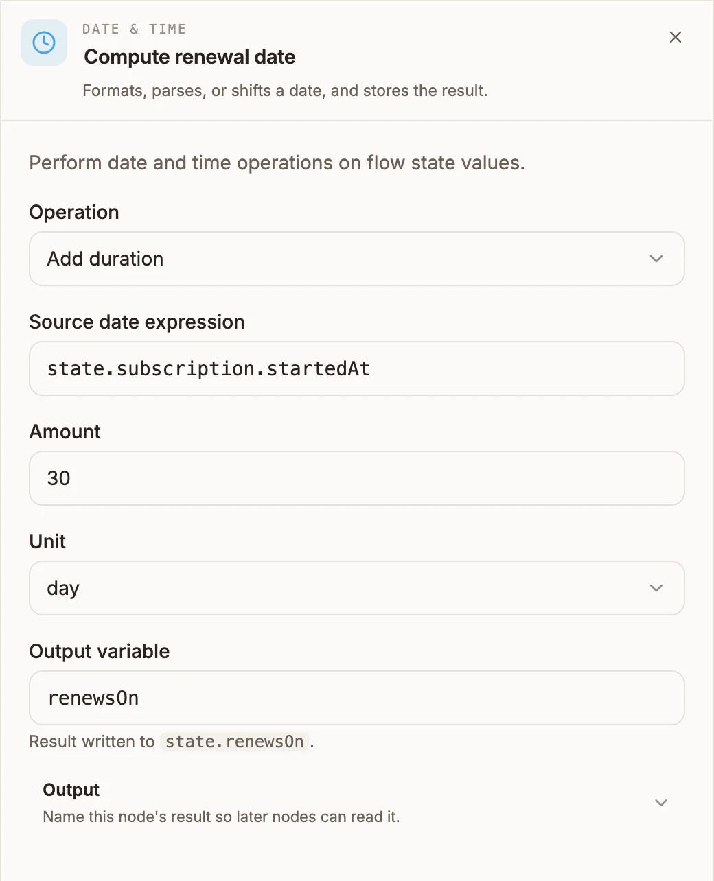 Date & Time settings with Operation Add duration, Source date expression state.createdAt, Amount 14, Unit day