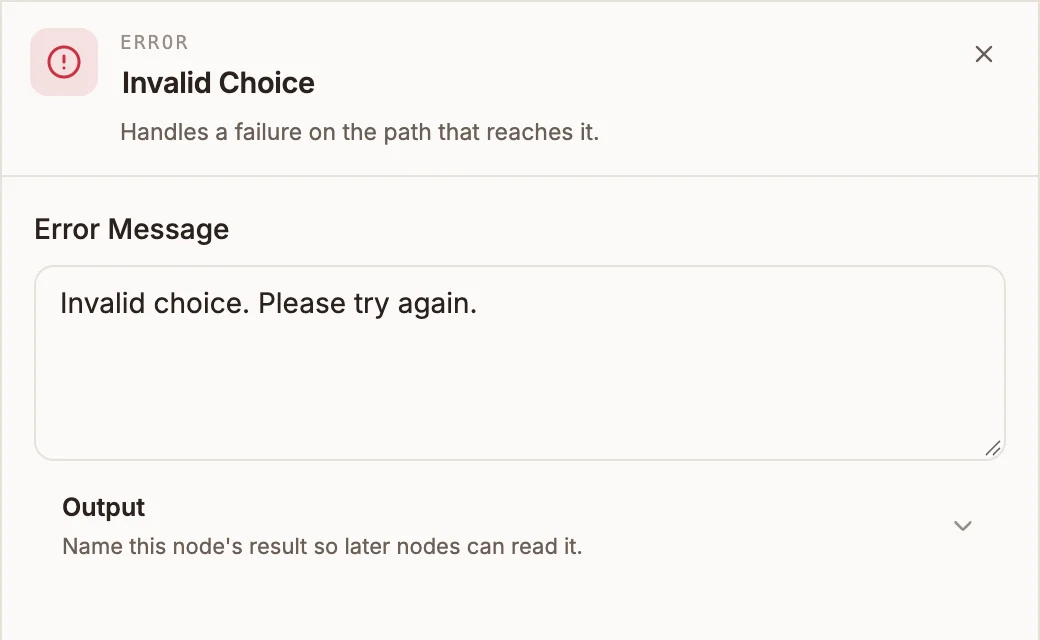 Error settings with Error Message set to Invalid choice, please try again
