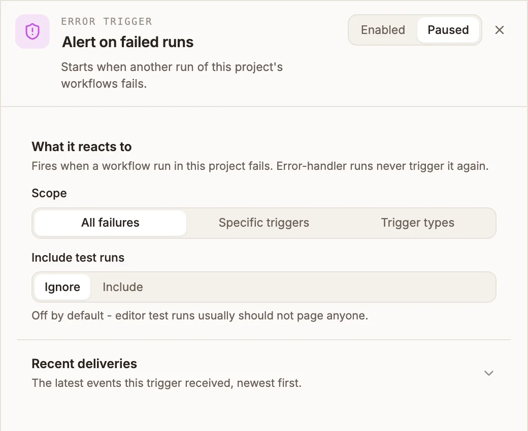 Error Trigger panel with Scope set to All failures and Include test runs set to Ignore