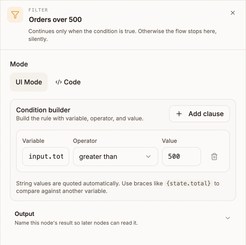 Filter panel in UI Mode with one clause: state.orderTotal greater than 500