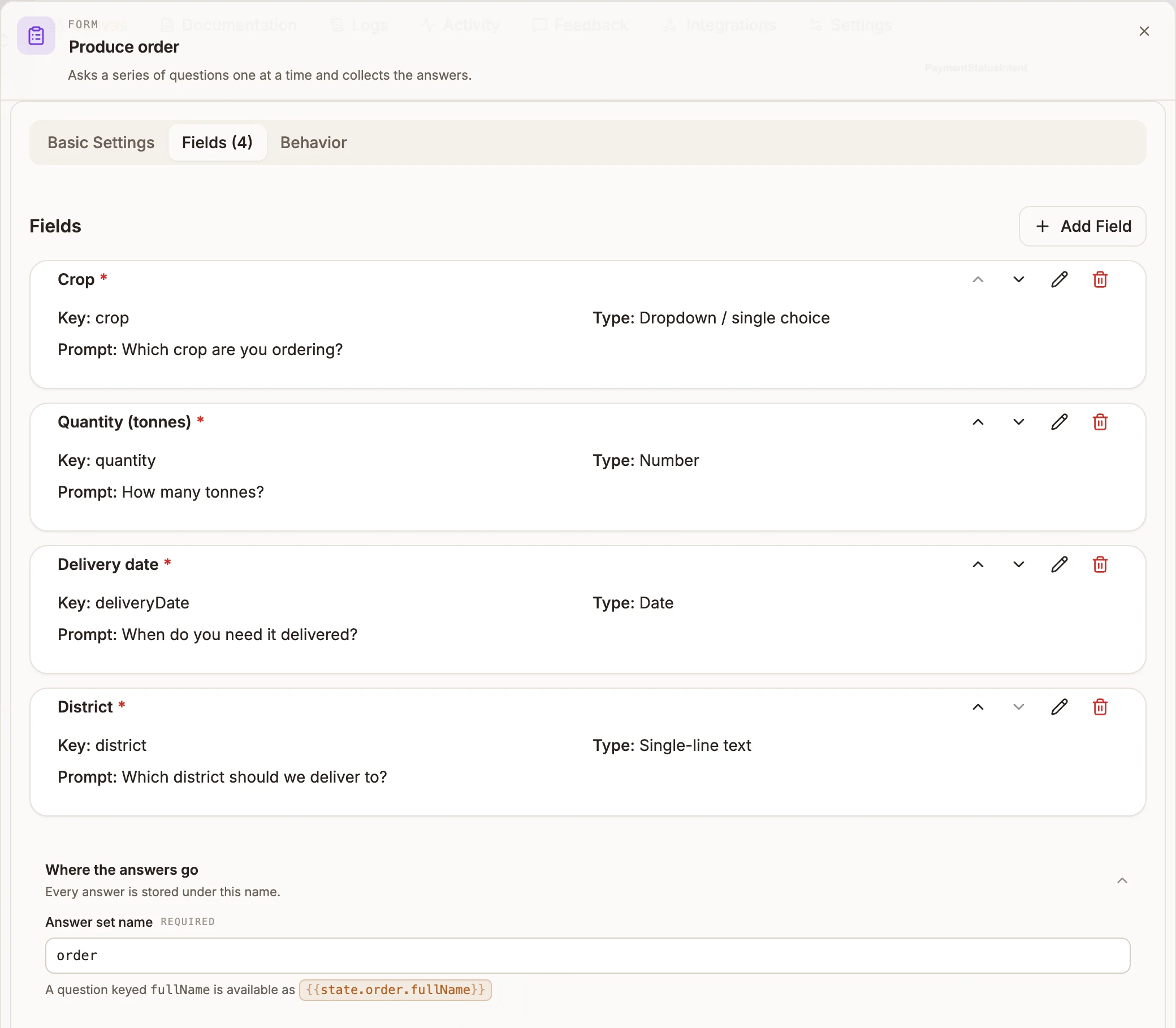 Form settings panel on the Fields tab, listing four fields with their keys, types and prompts