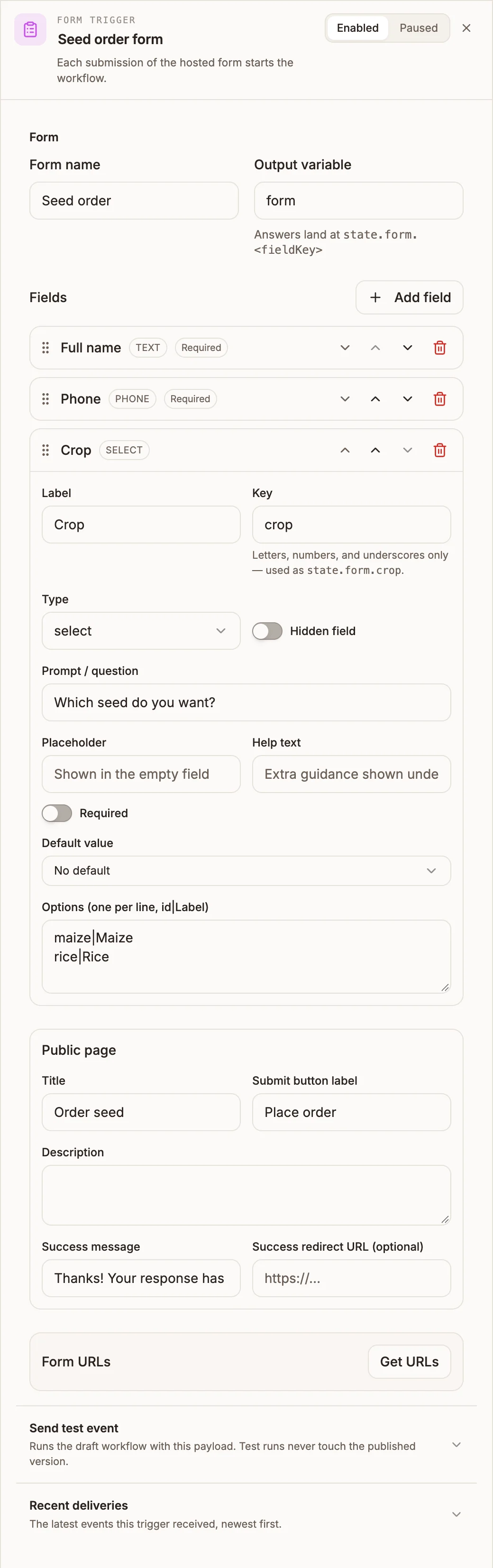 Form Trigger settings panel with three fields, the public page settings and the Test and Production URLs