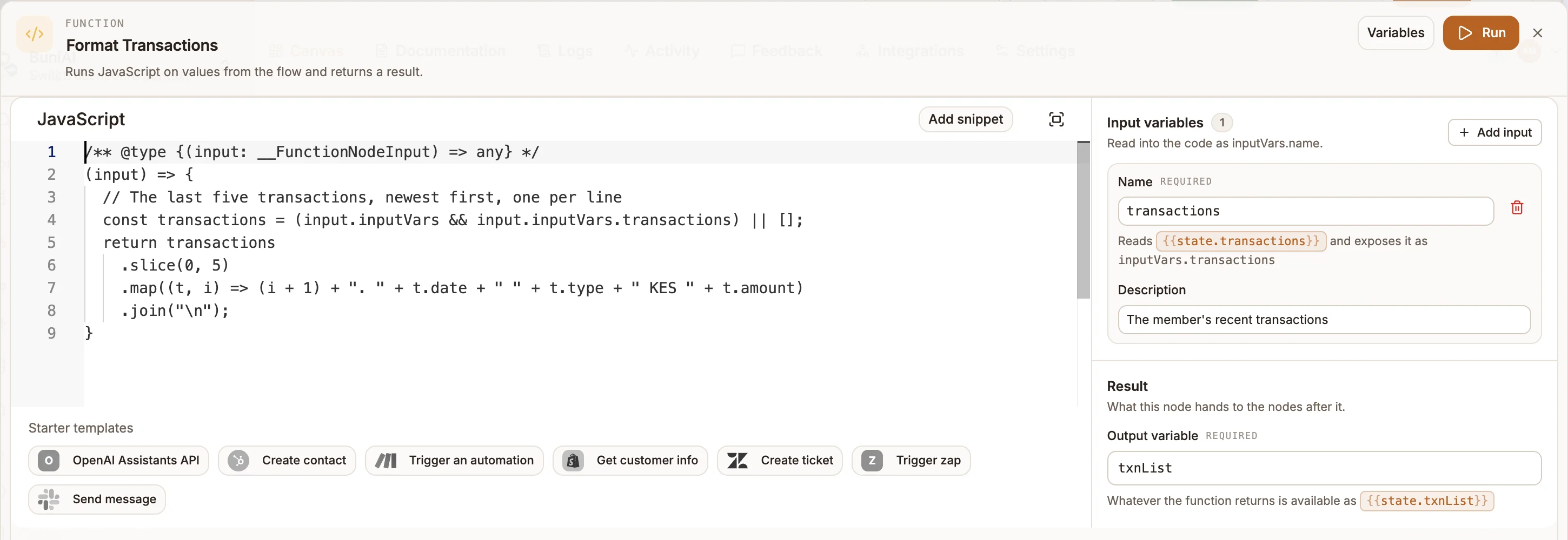Function editor with code on the left and the Input variables, Result and Paths out sections on the right