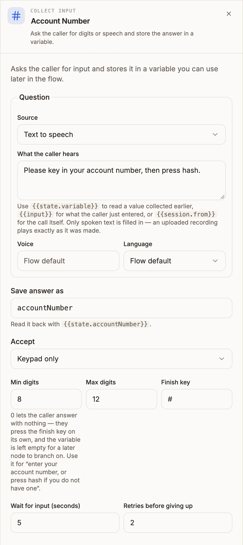 Collect Input settings panel asking for an account number and saving it as accountNumber