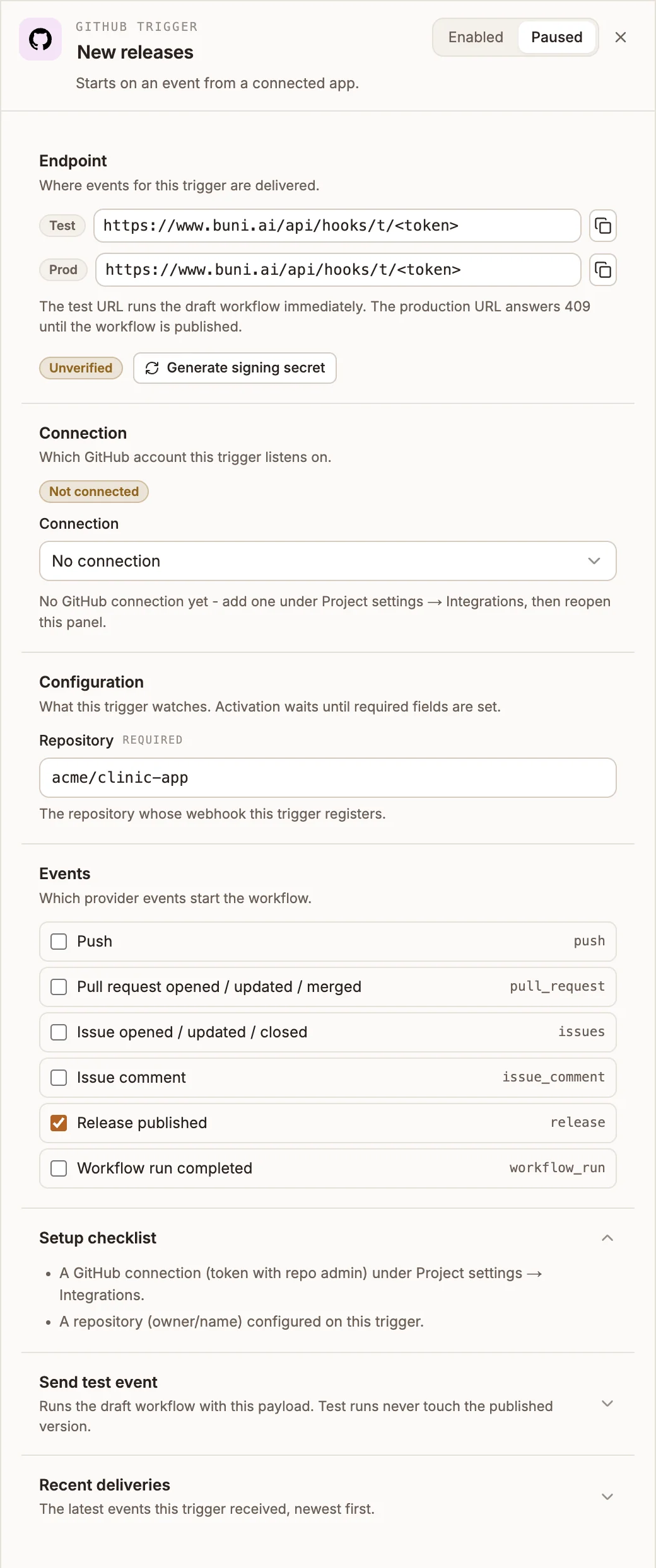 GitHub Trigger panel with its endpoint URLs, the GitHub connection picker, the Repository field and the Release published event selected
